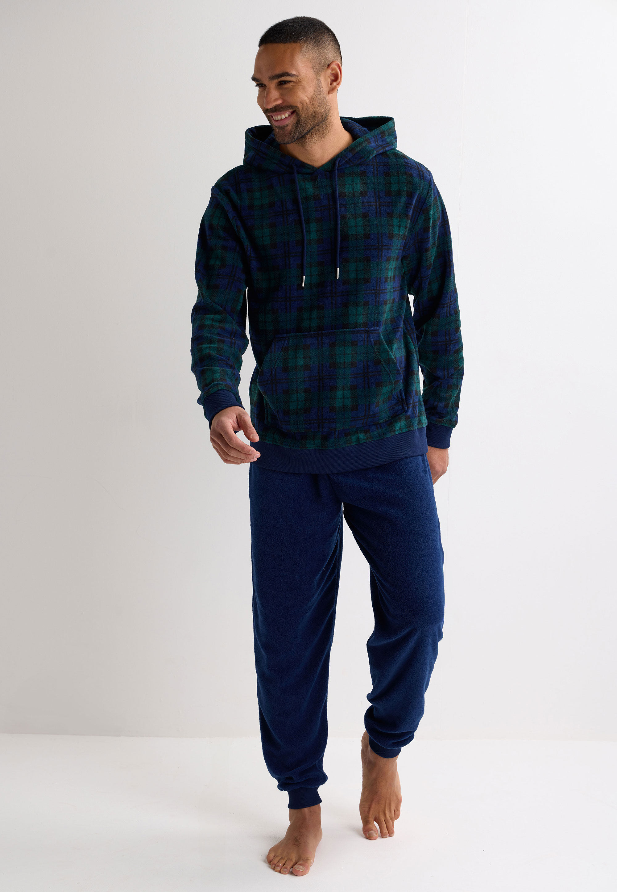 Mens Navy Check Fleece Pyjama Set