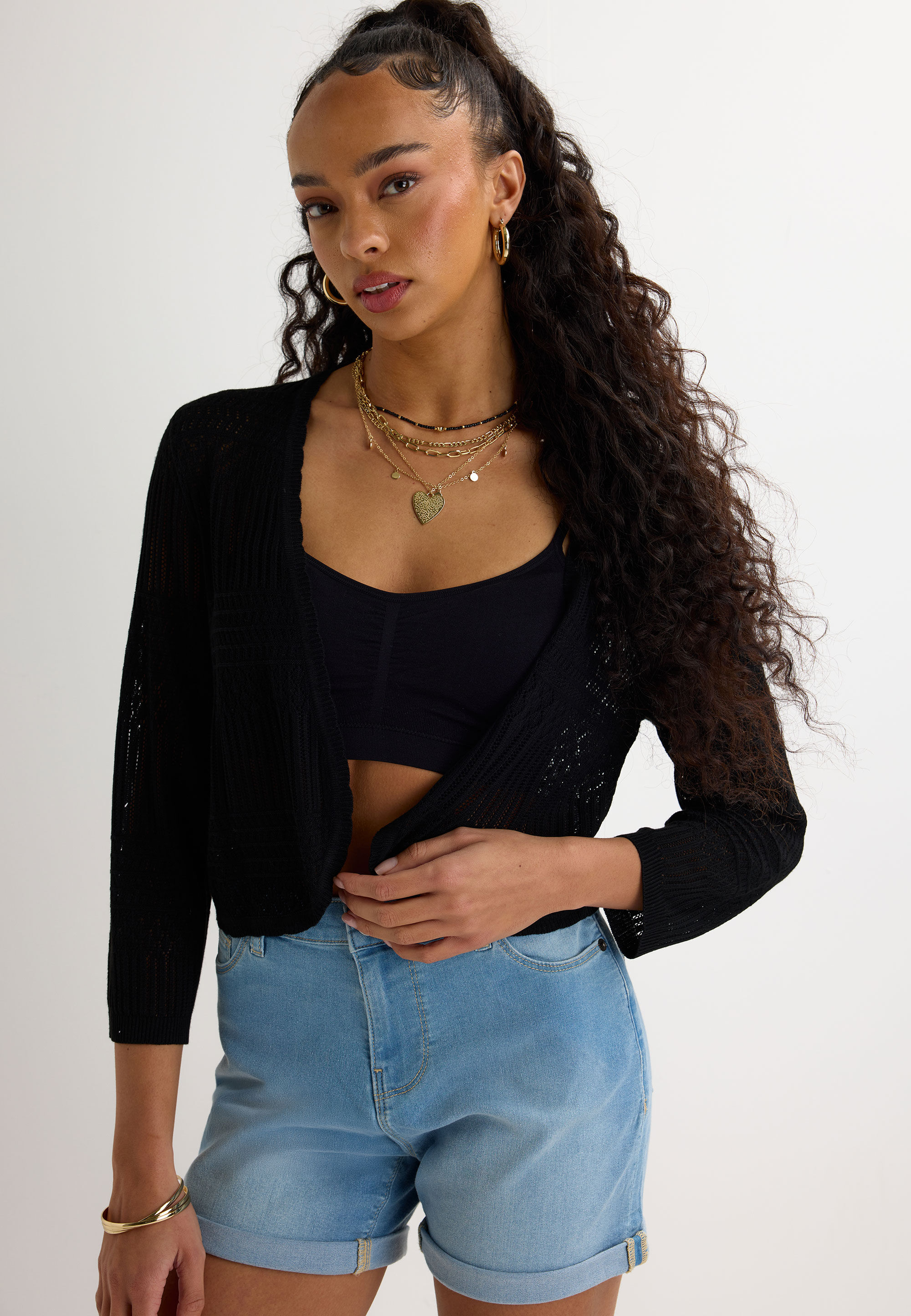 Womens Black Pointelle Curve Hem Cardigan