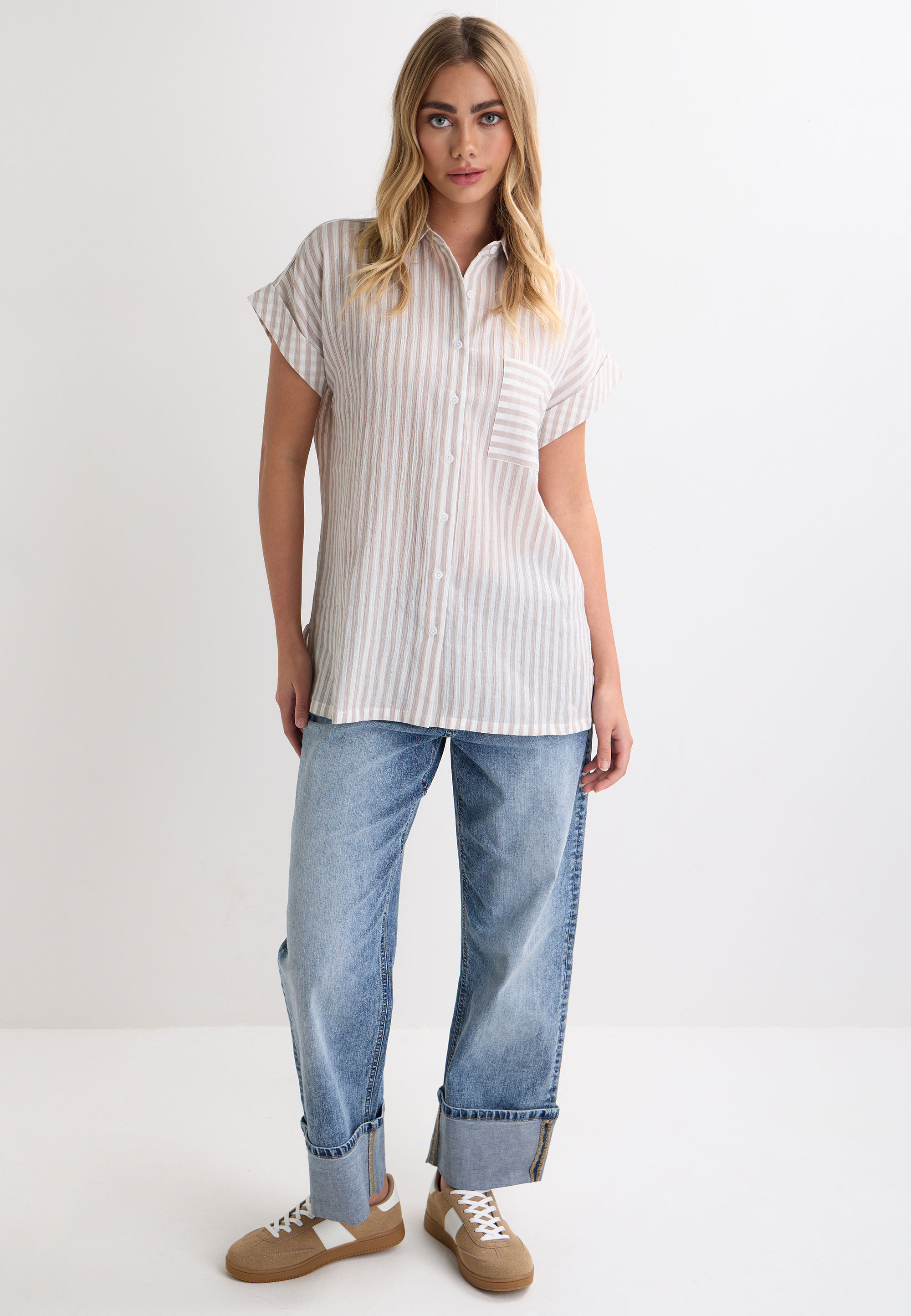 Womens Natural Stripe Crinkle Short Sleeve Shirt