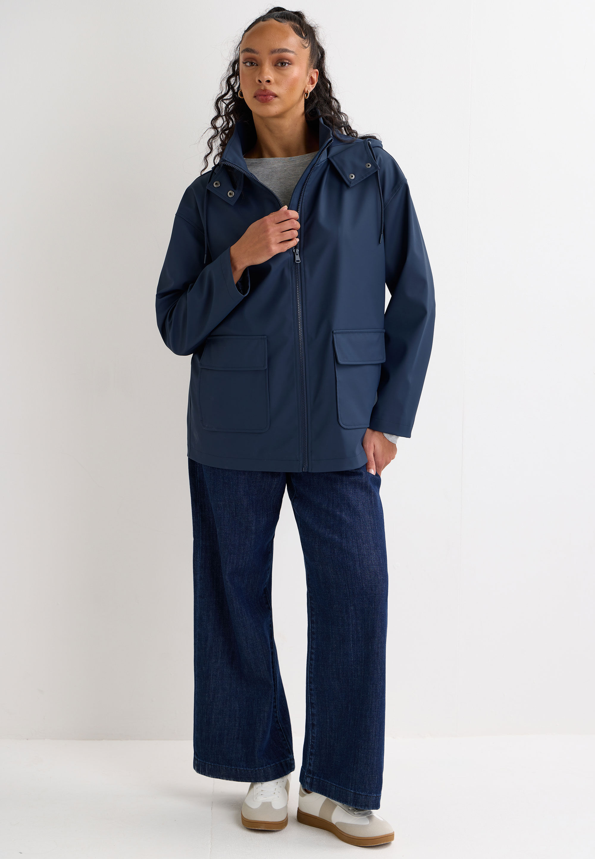 Womens Navy Rubber Patch Pocket Coat