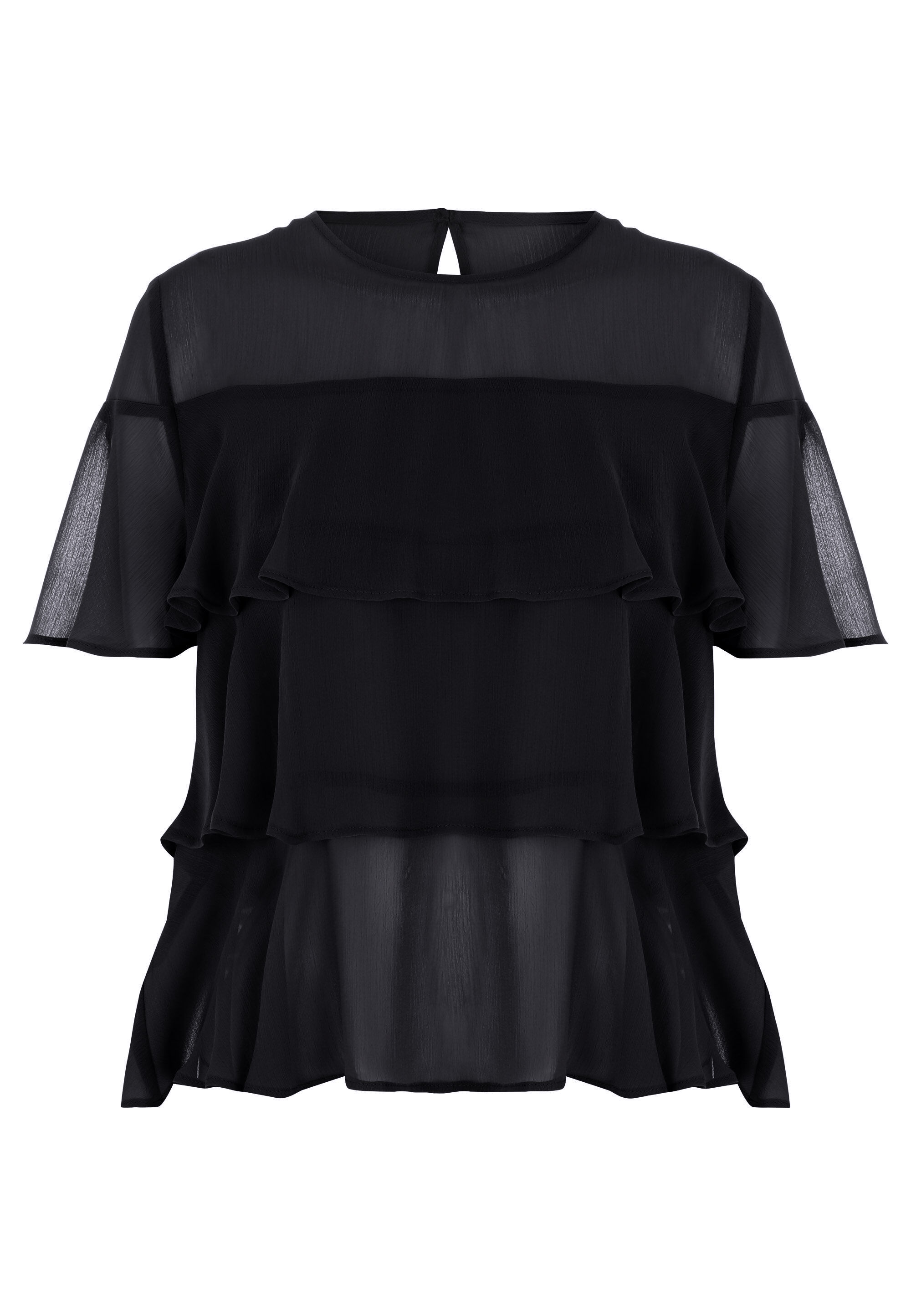 Womens Black Ruffle Tiered Blouse Top
