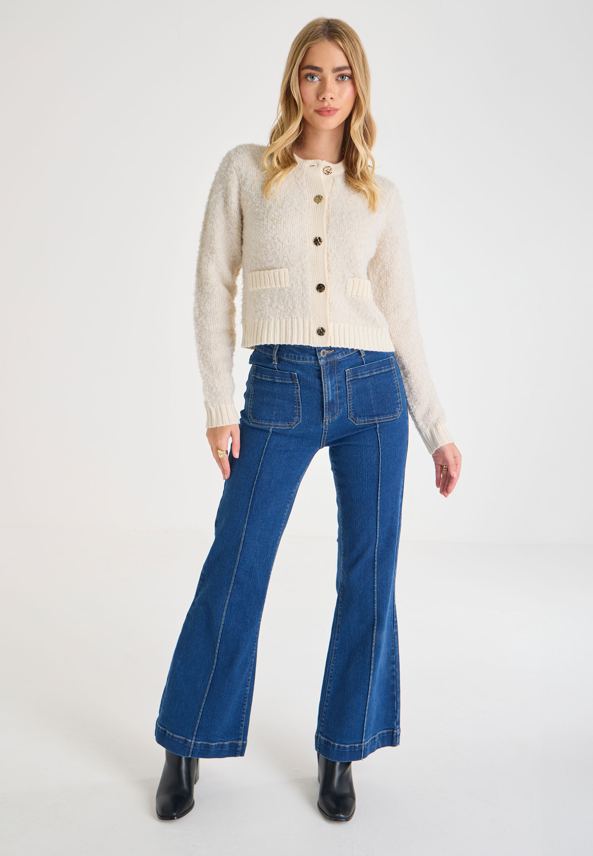 Womens Cream Boucle Short Cardigan