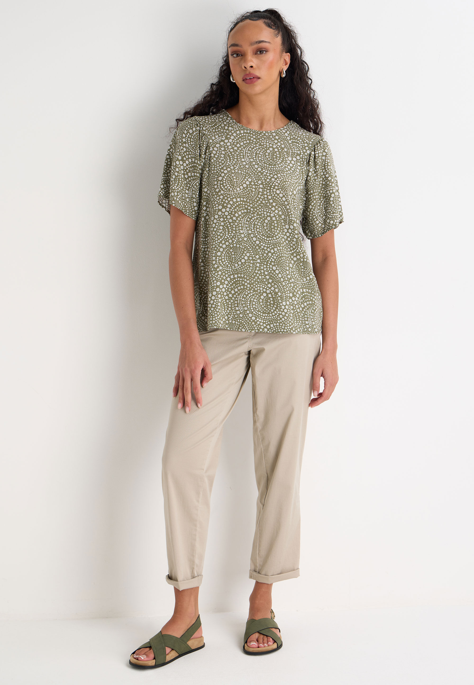 Womens Sage Floral Print Flutter Sleeve Shell Top