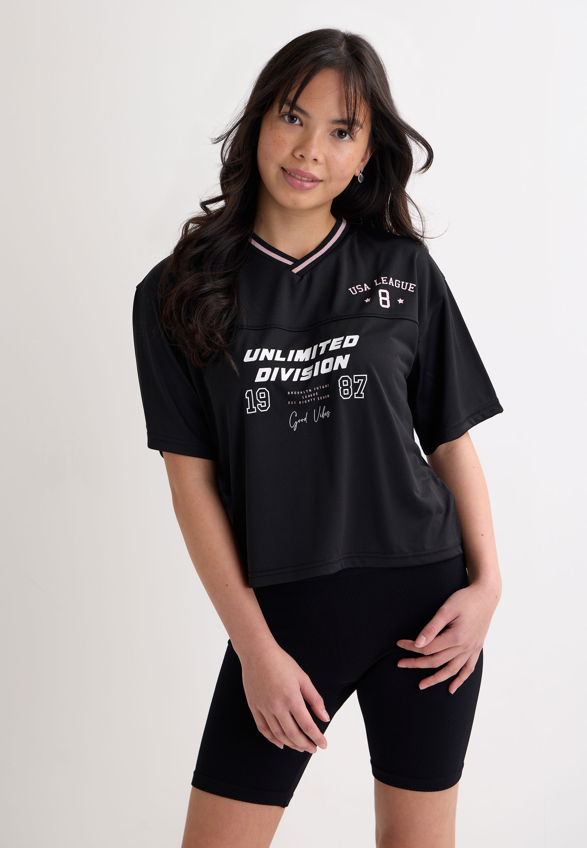 Older Girls Black Football Print Top