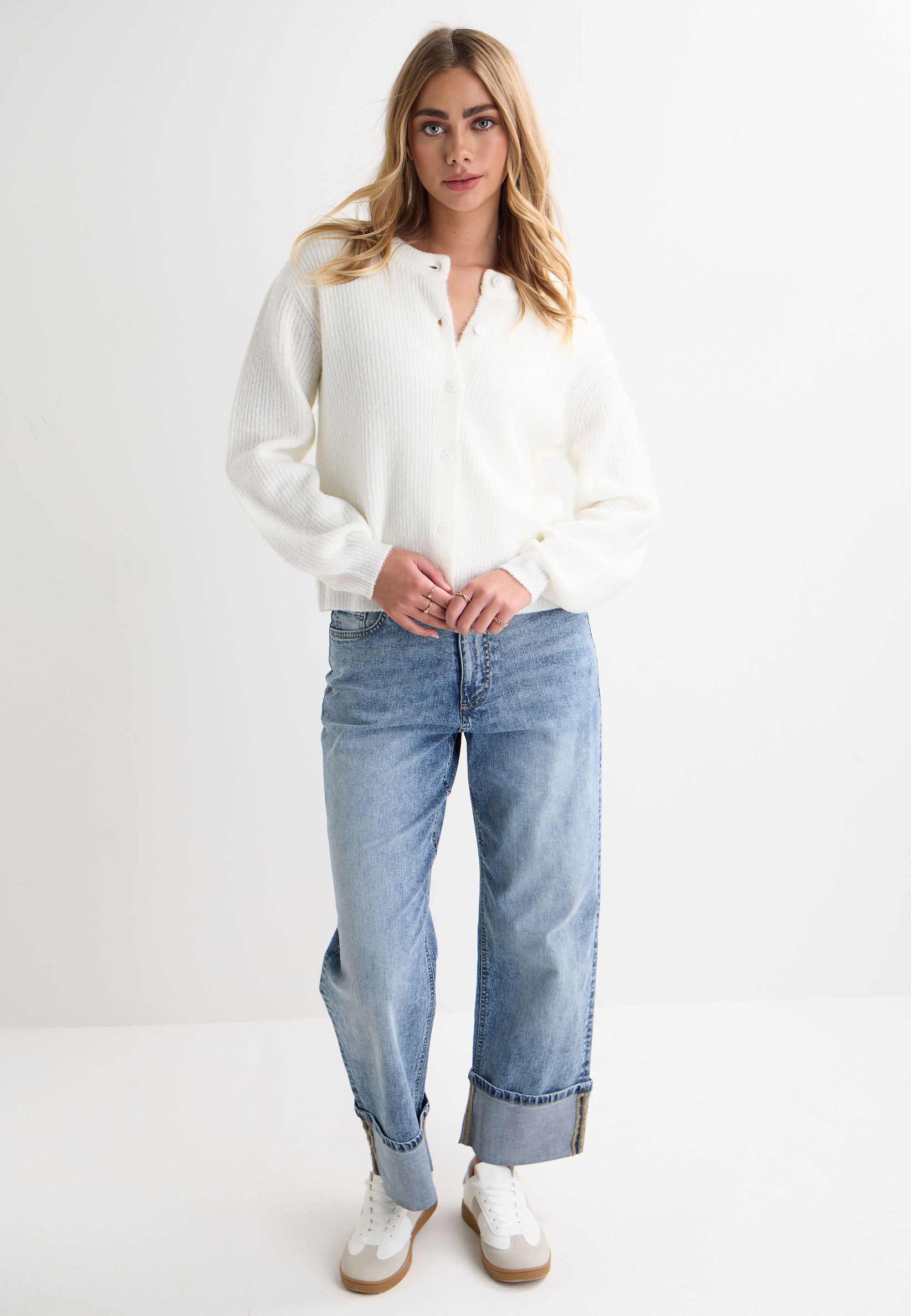 Womens White Plain Ribbed Cardigan