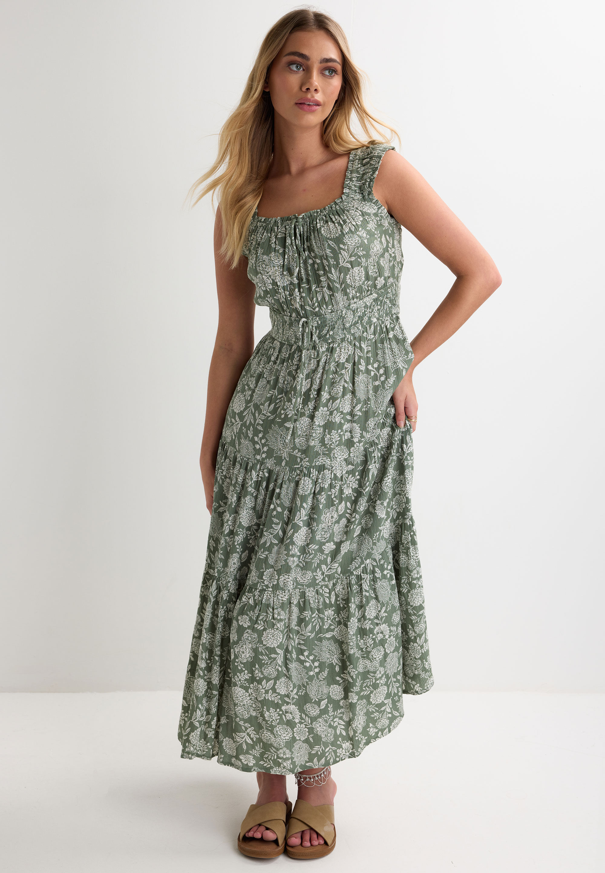 Womens Sage Floral Print Double Tie Milkmaid Dress
