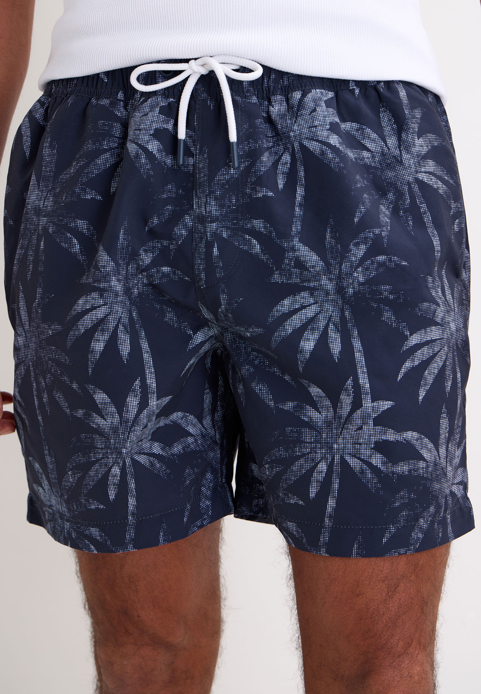 Mens Navy & White Palm Tree Swim Shorts