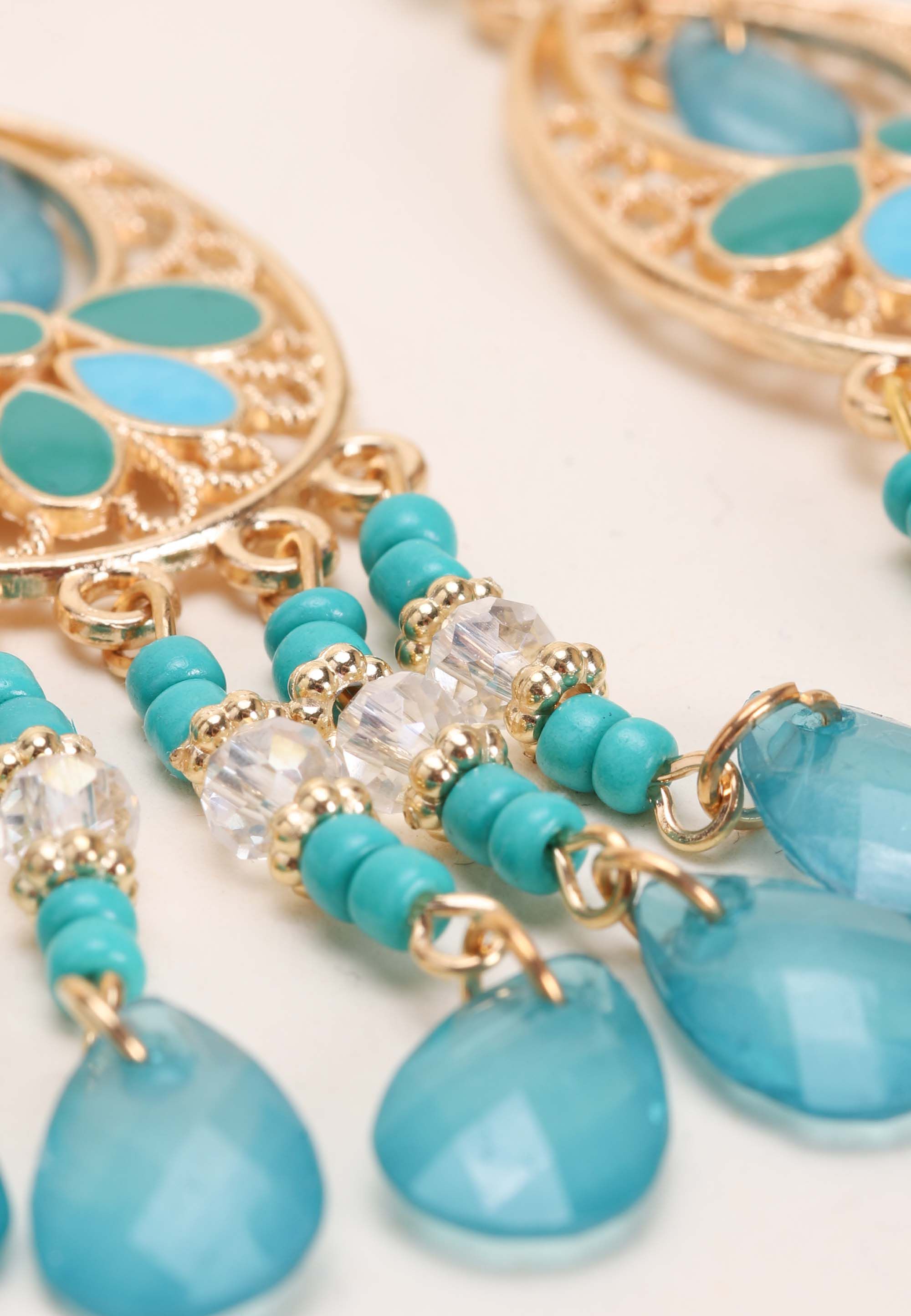 Womens Turquoise & Gold Bead Drop Chandelier Earrings