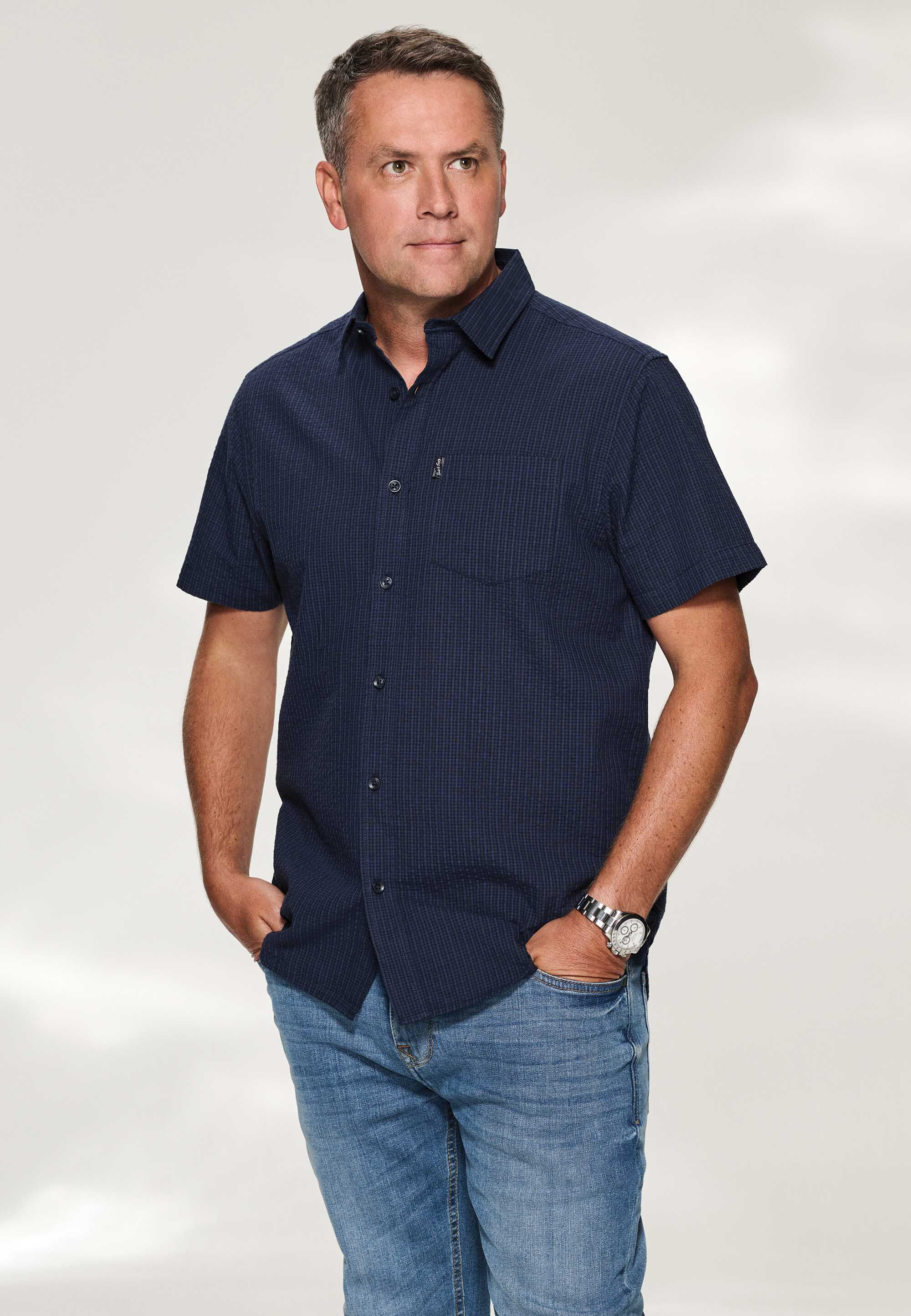Mens Navy Check Seersucker Cotton Shirt
