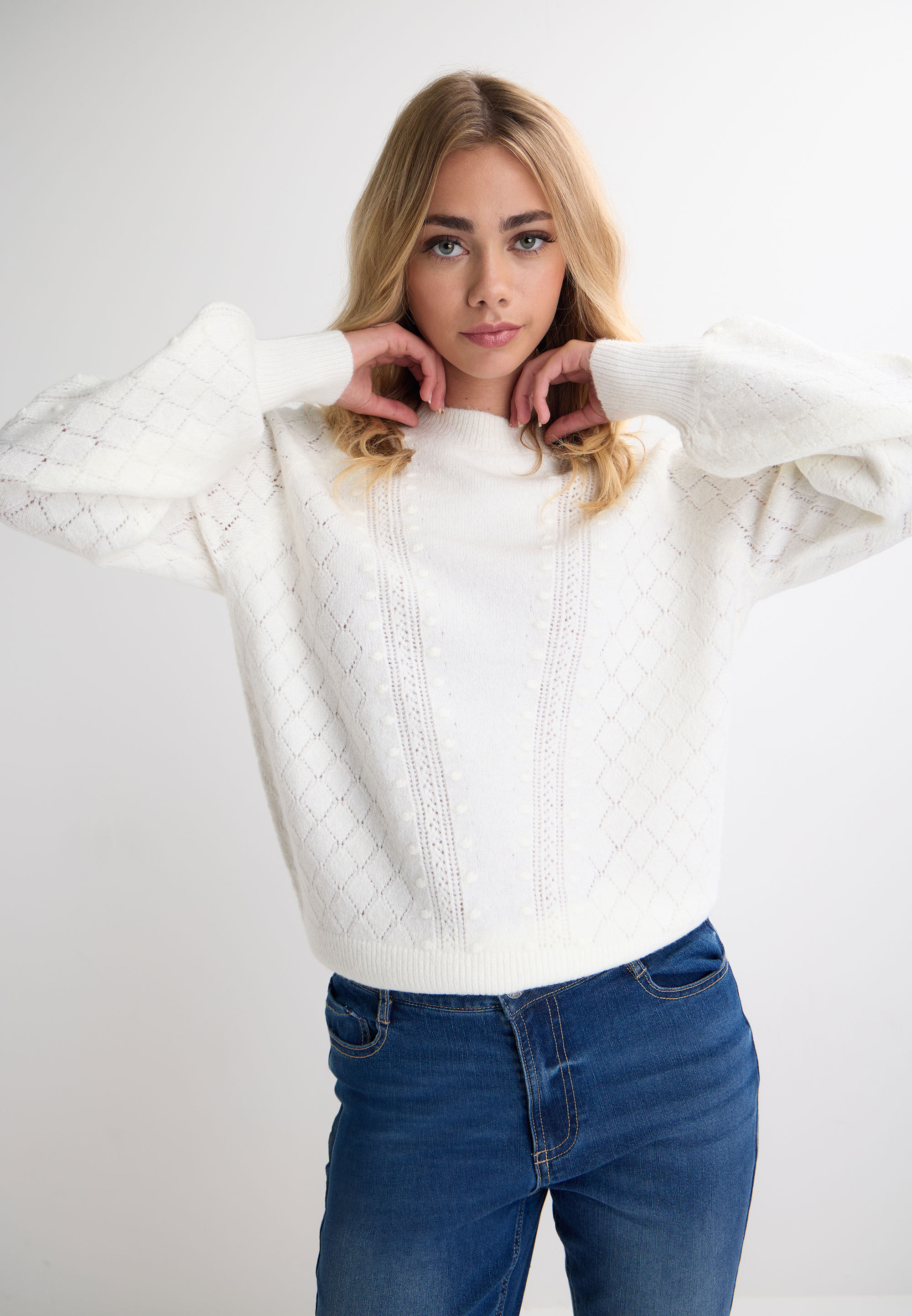 Womens White Pointelle Knitted Jumper