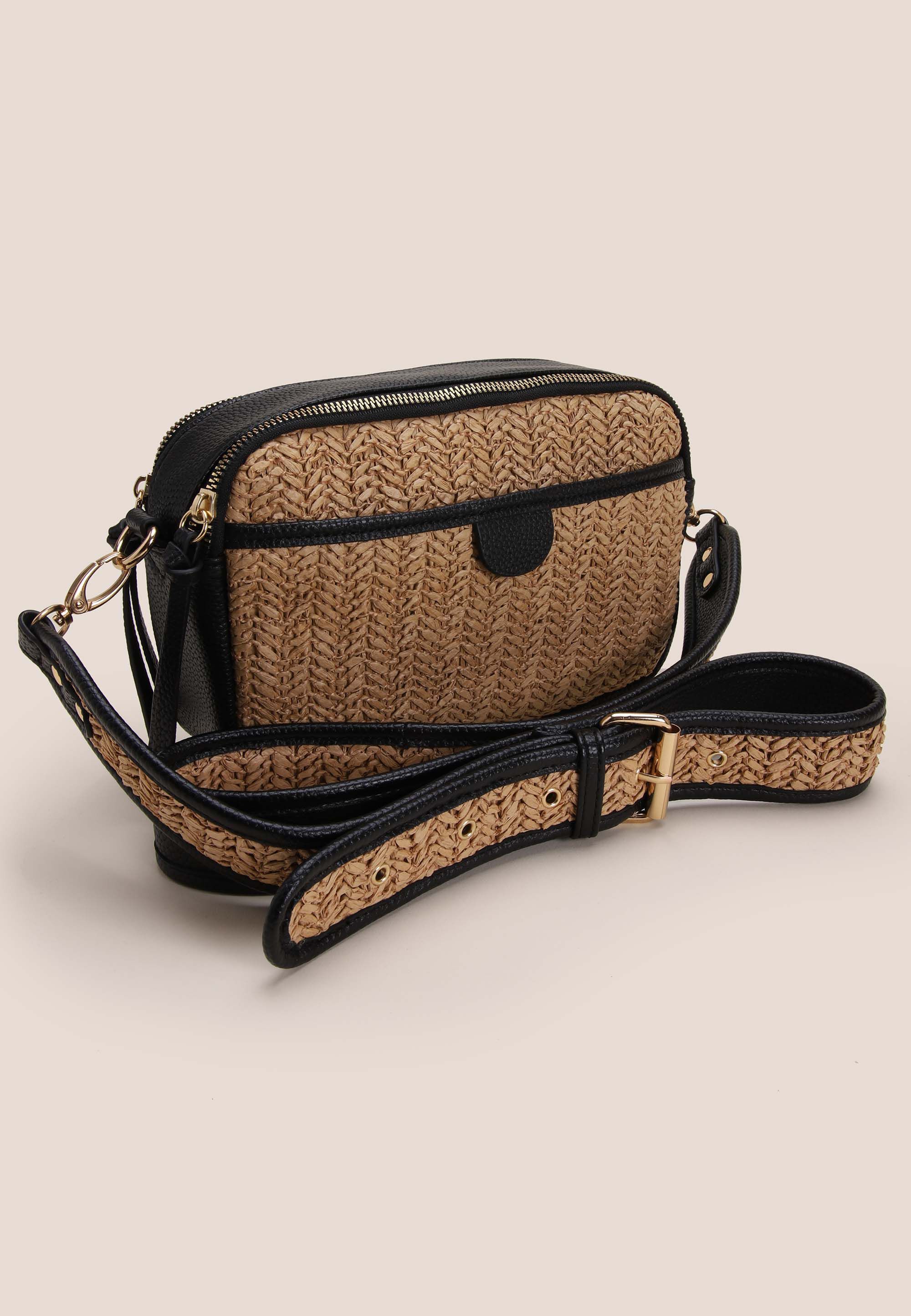 Womens Natural & Black Straw Woven Camera Bag