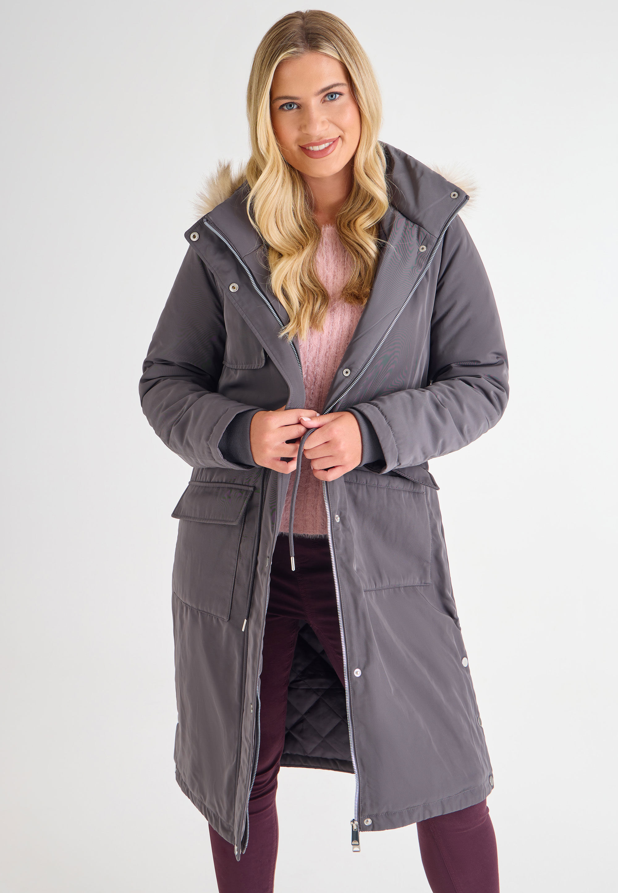 Womens Grey Mid Length Parka Coat