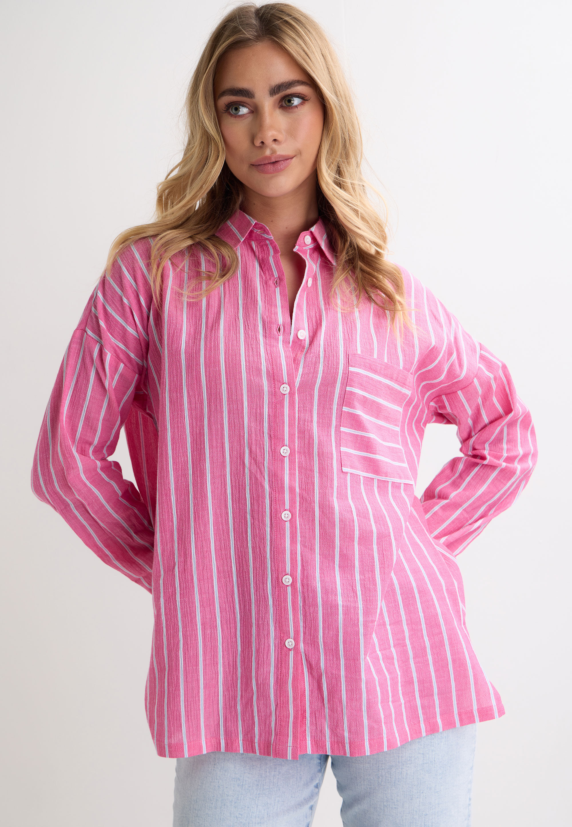 Womens Pink Stripe Crinkle Long Sleeve Shirt