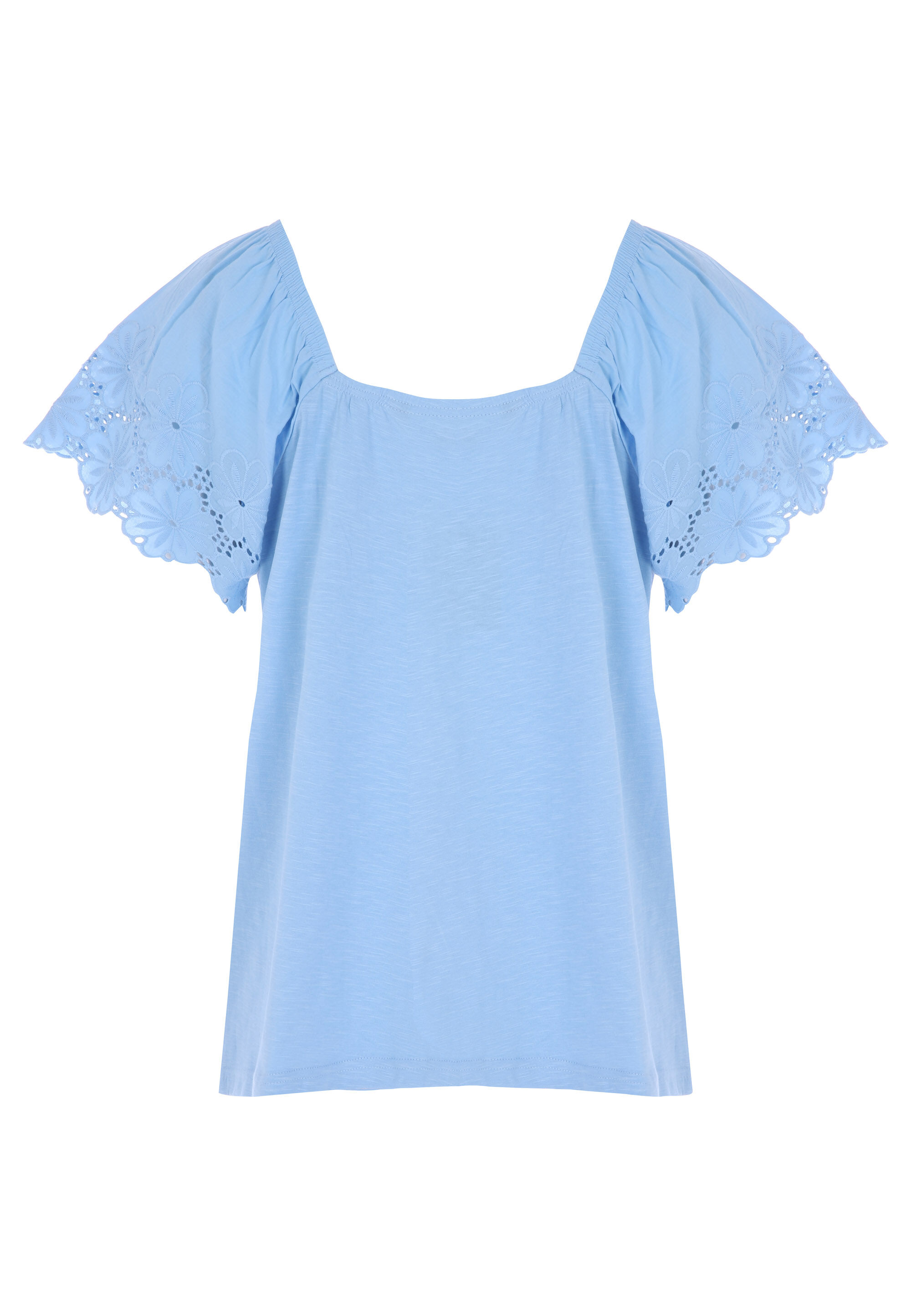 Womens Blue Square Neck Broderie Short Sleeve Top