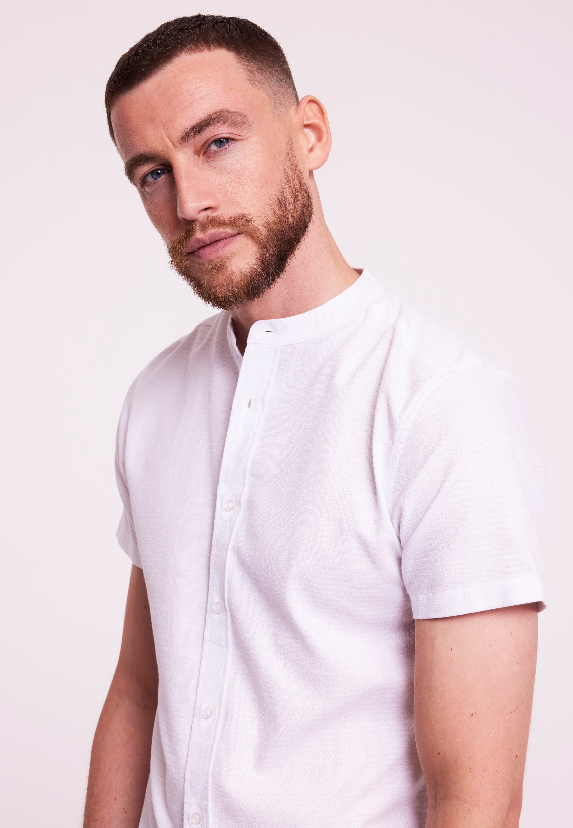 Mens White Granddad Collar Short Sleeve Shirt