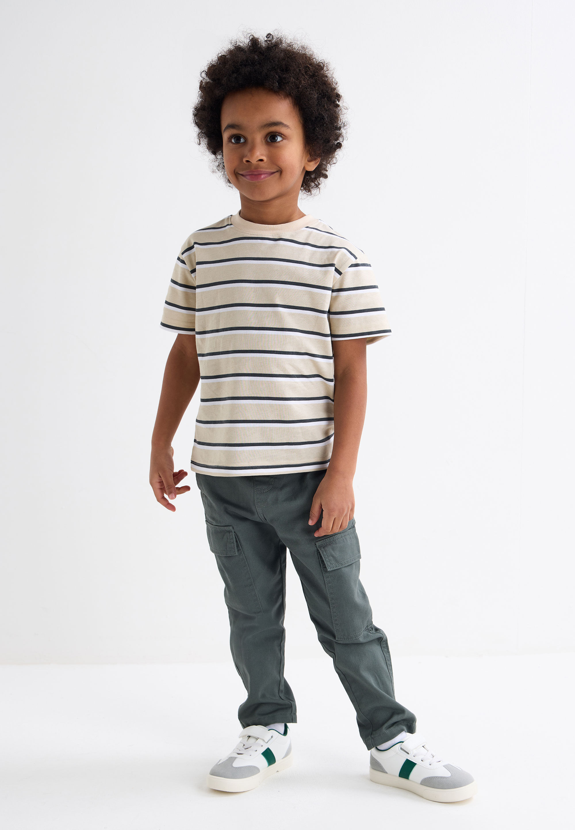 Younger Boys White & Green Stripe Velcro Retro Trainers