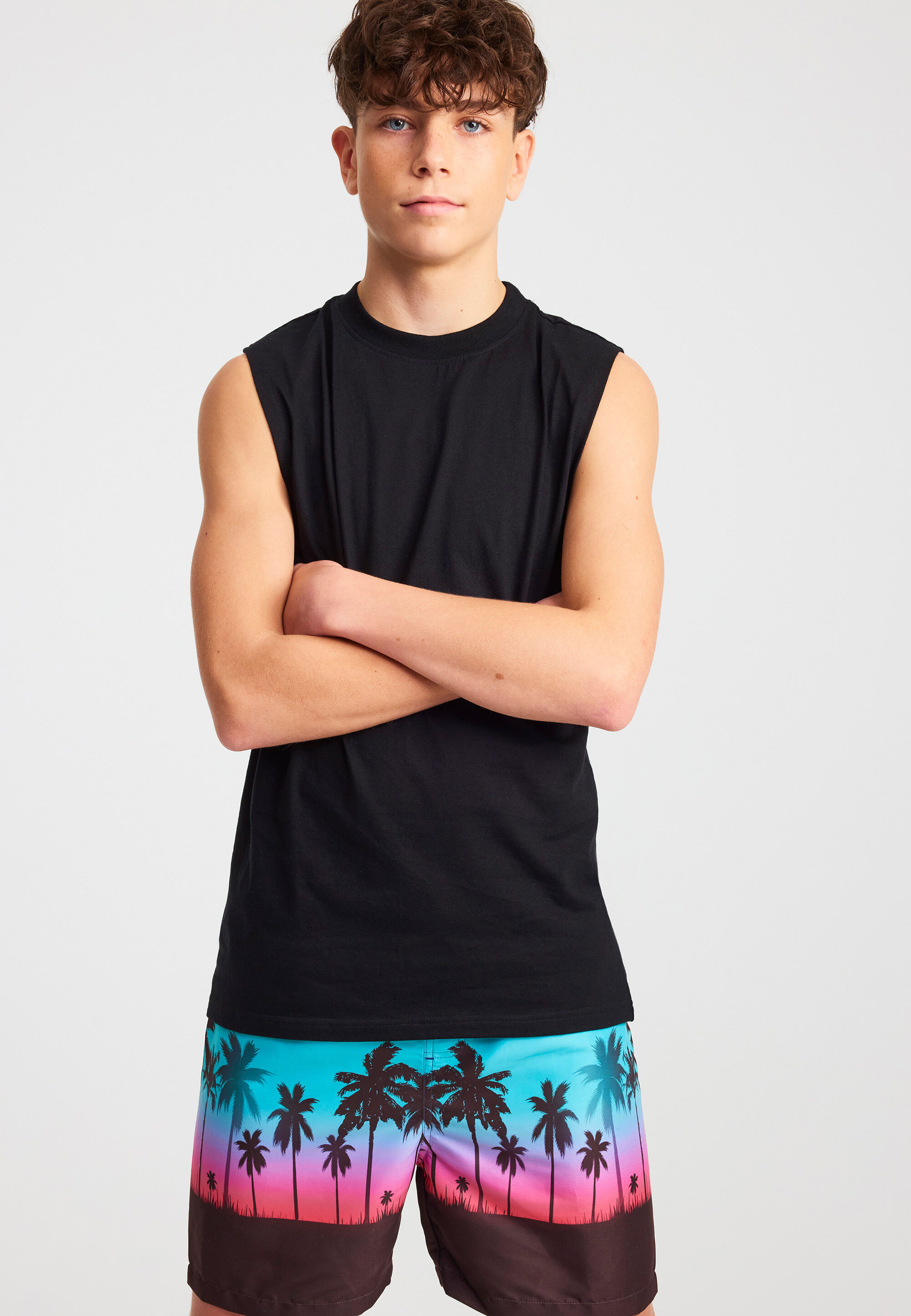 Older Boy Black Palm Tree Swim Short
