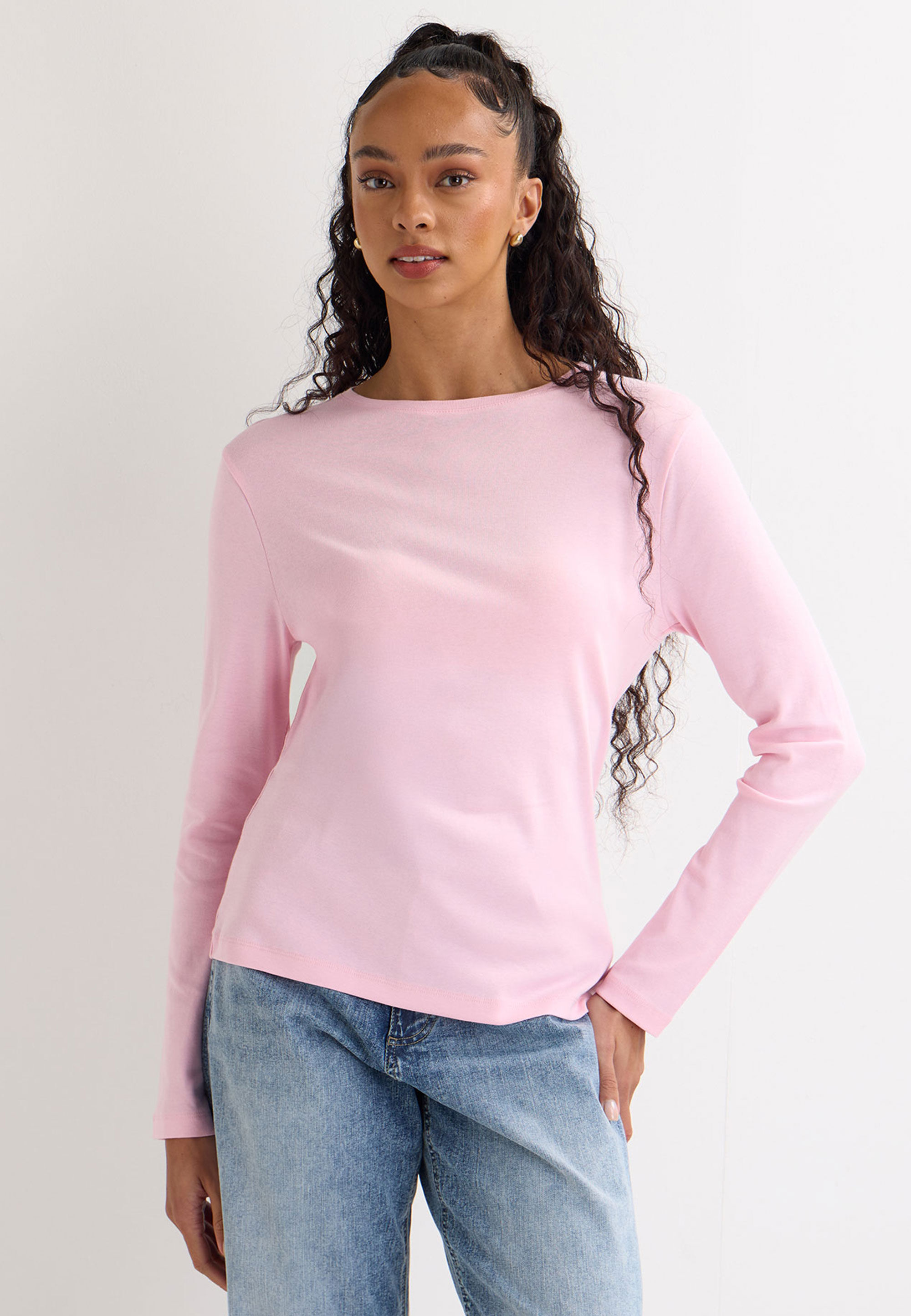 Womens Light Pink Plain Crew Neck Top