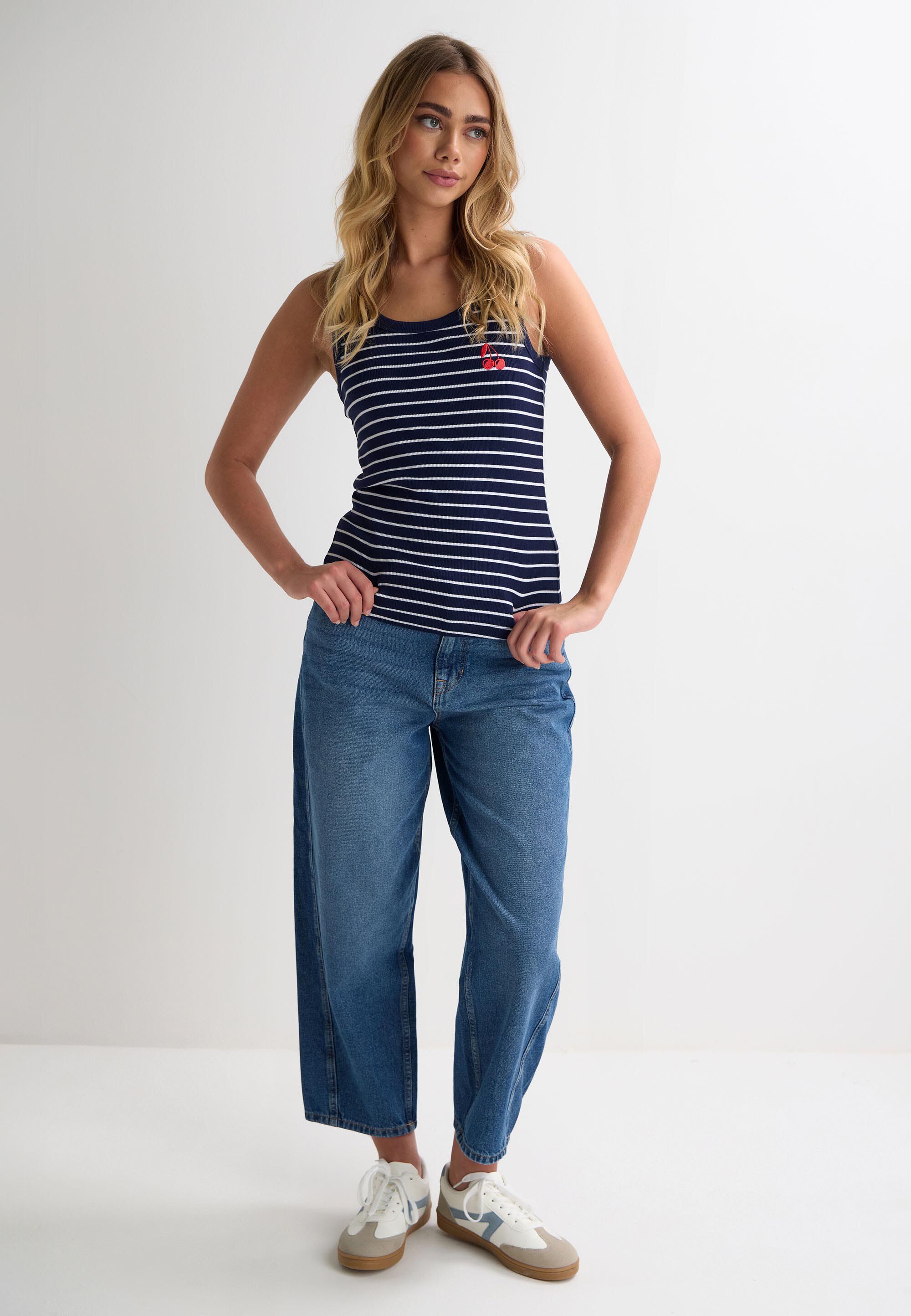Womens Navy Stripe Cherry Embroidered Vest Top
