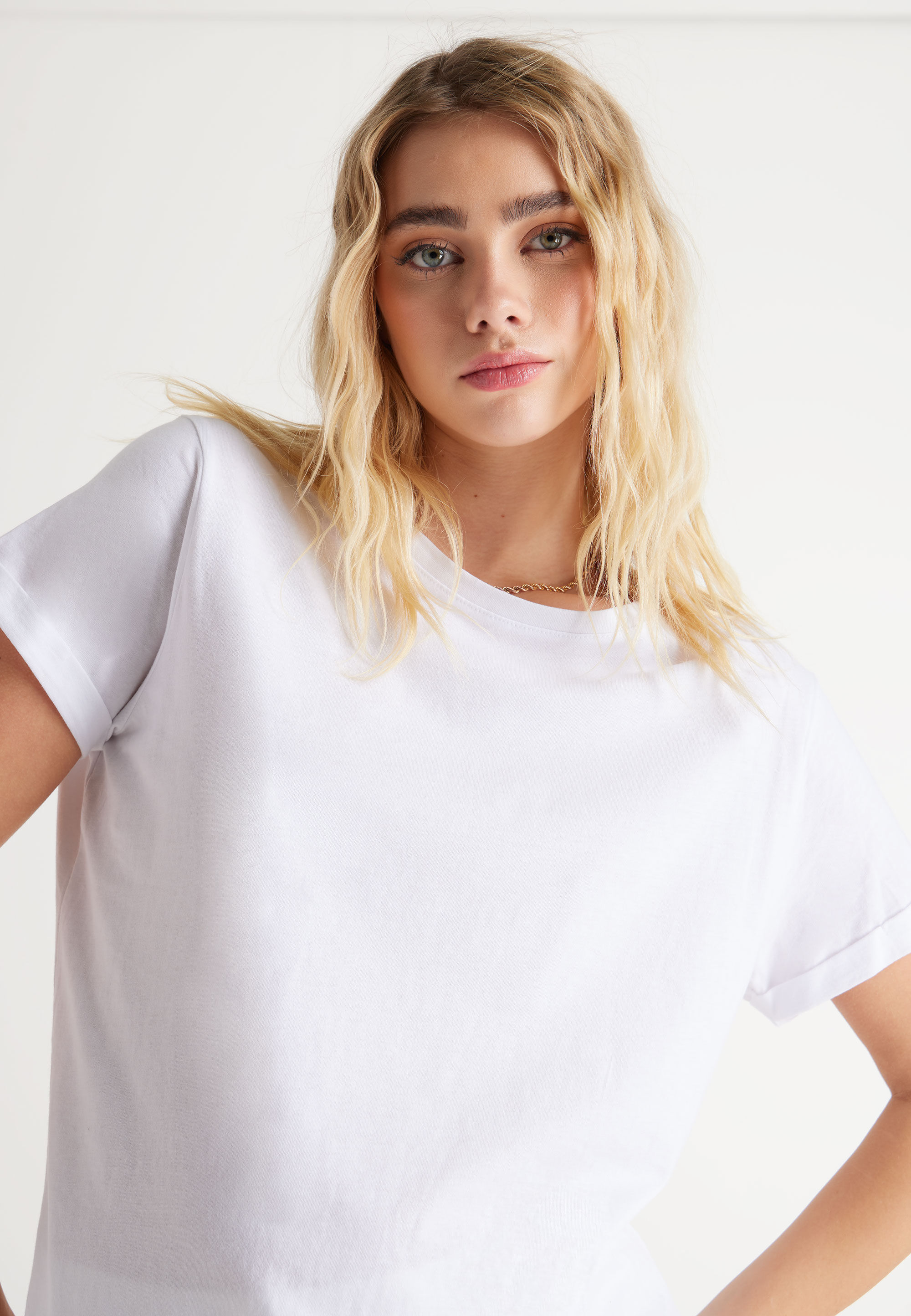 Womens White Cotton Roll Sleeve T-Shirt