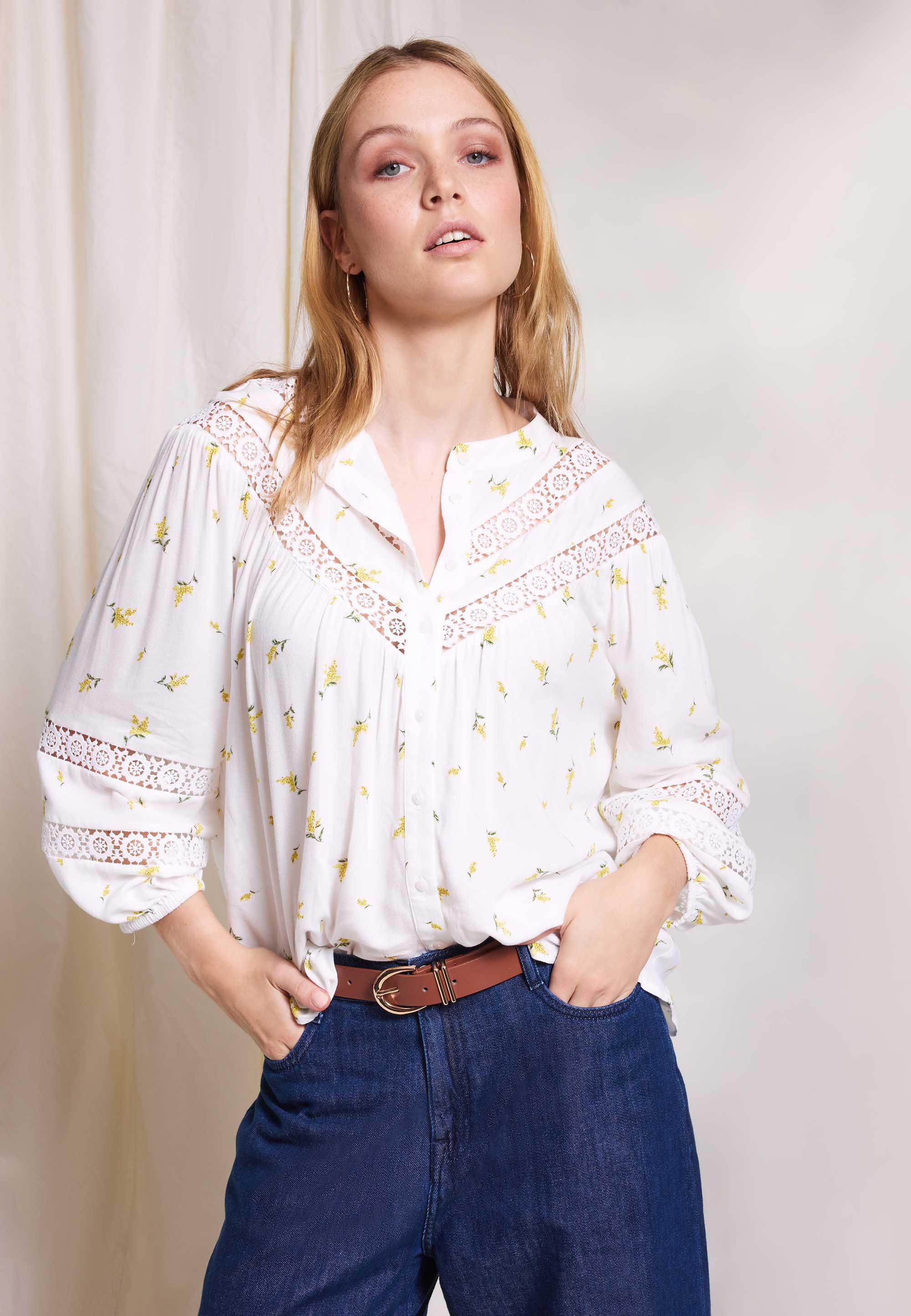 Womens Cream & Yellow Ditsy Lace Insert Boho Blouse