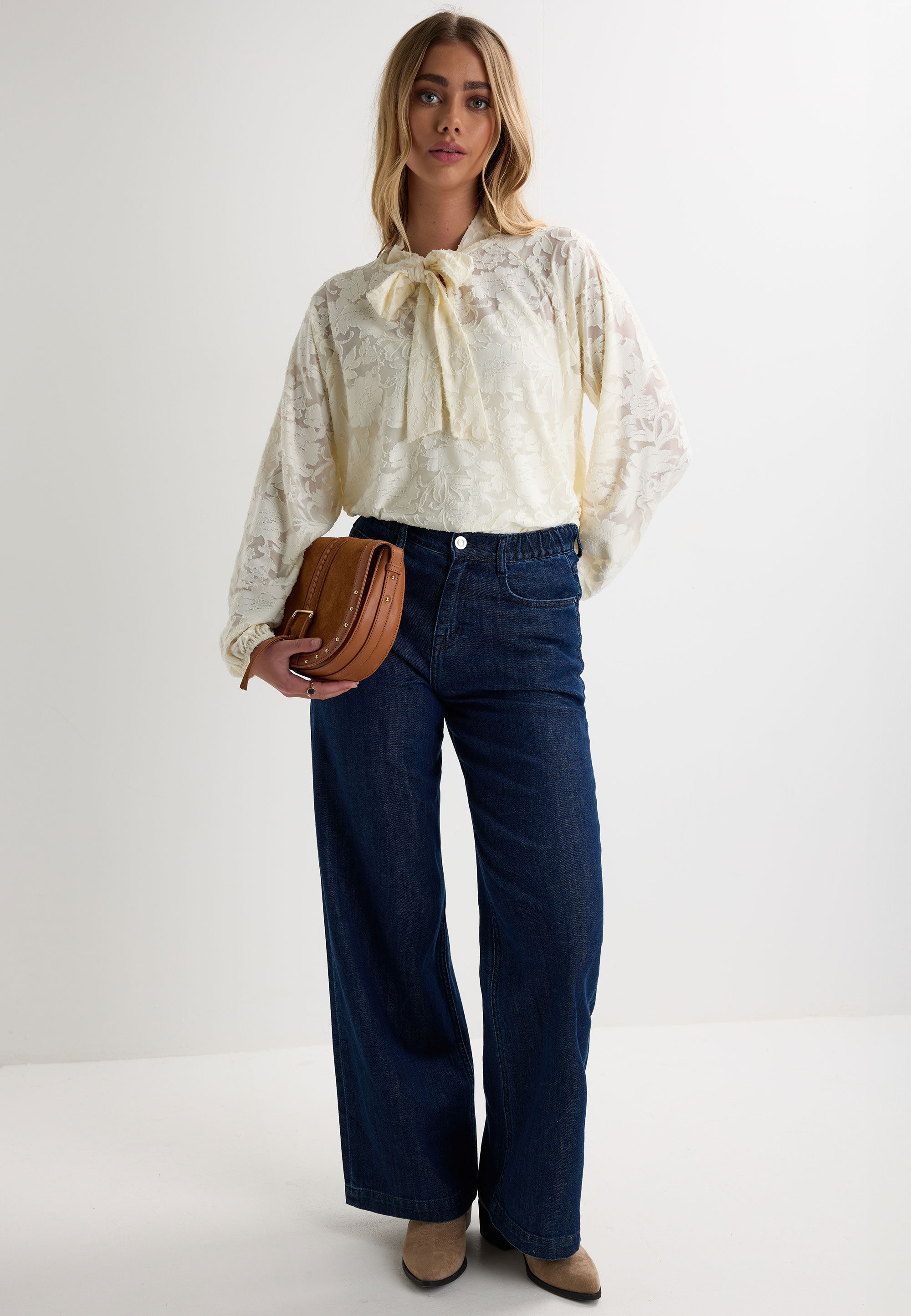 Womens Cream Textured Pussy Bow Burnout Blouse