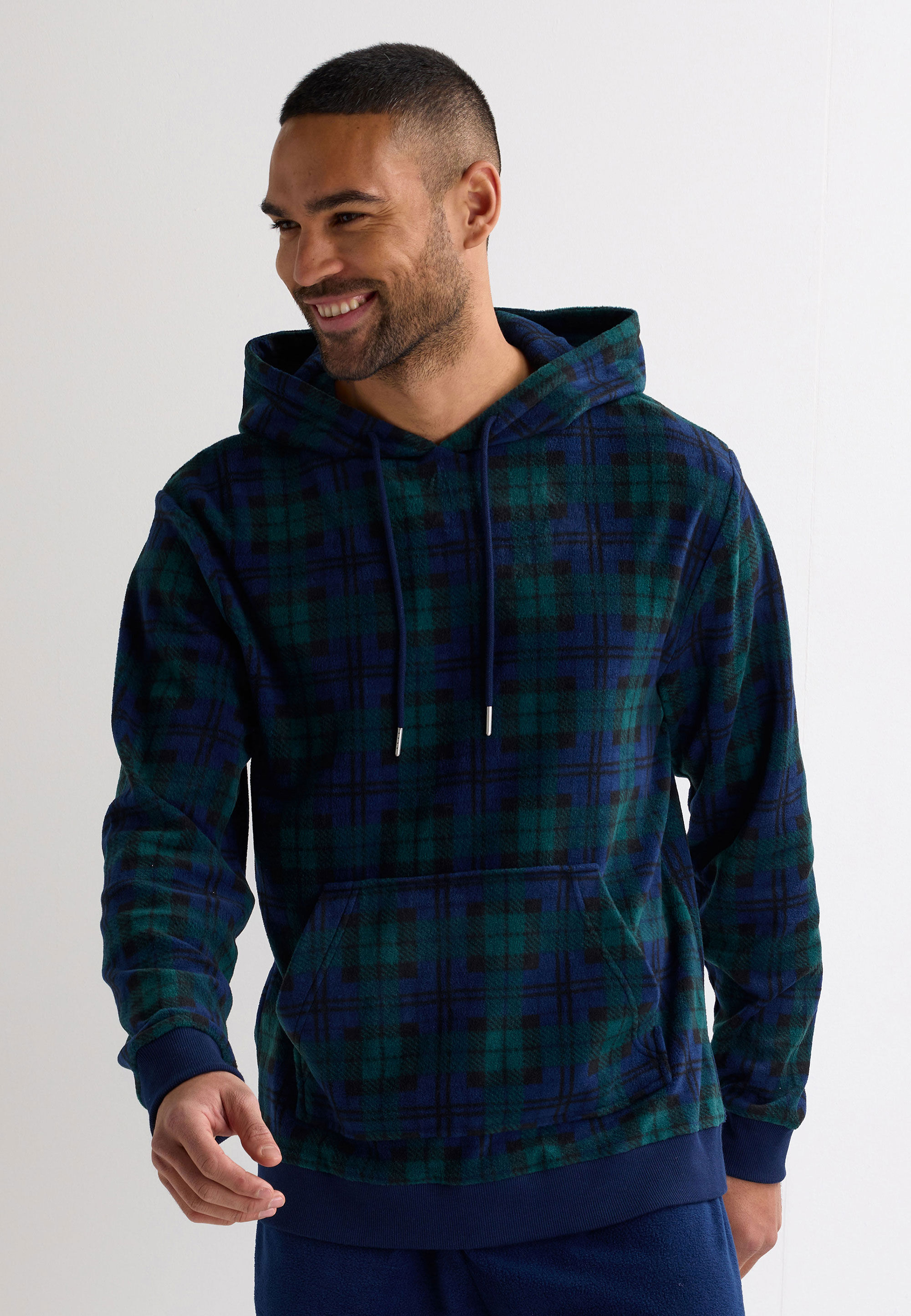 Mens Navy Check Fleece Pyjama Set