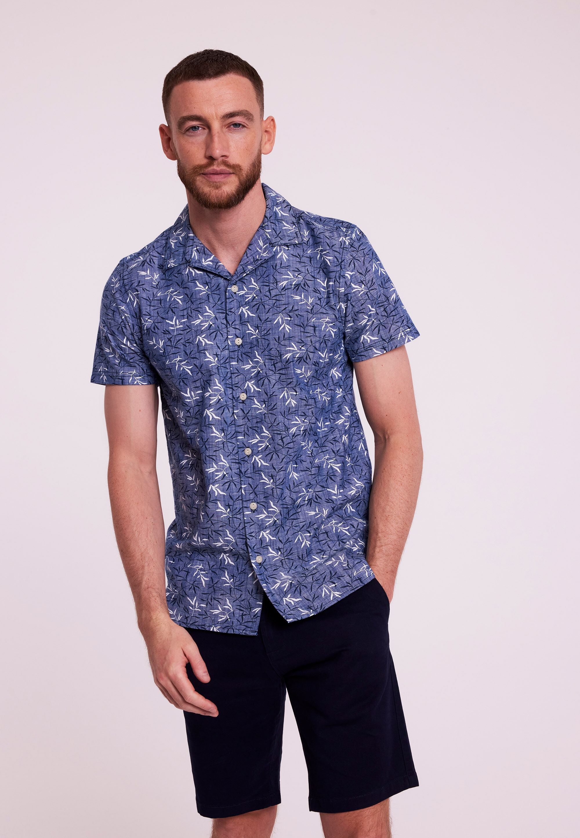 Mens Blue Leaf Print Cotton Chambray Shirt