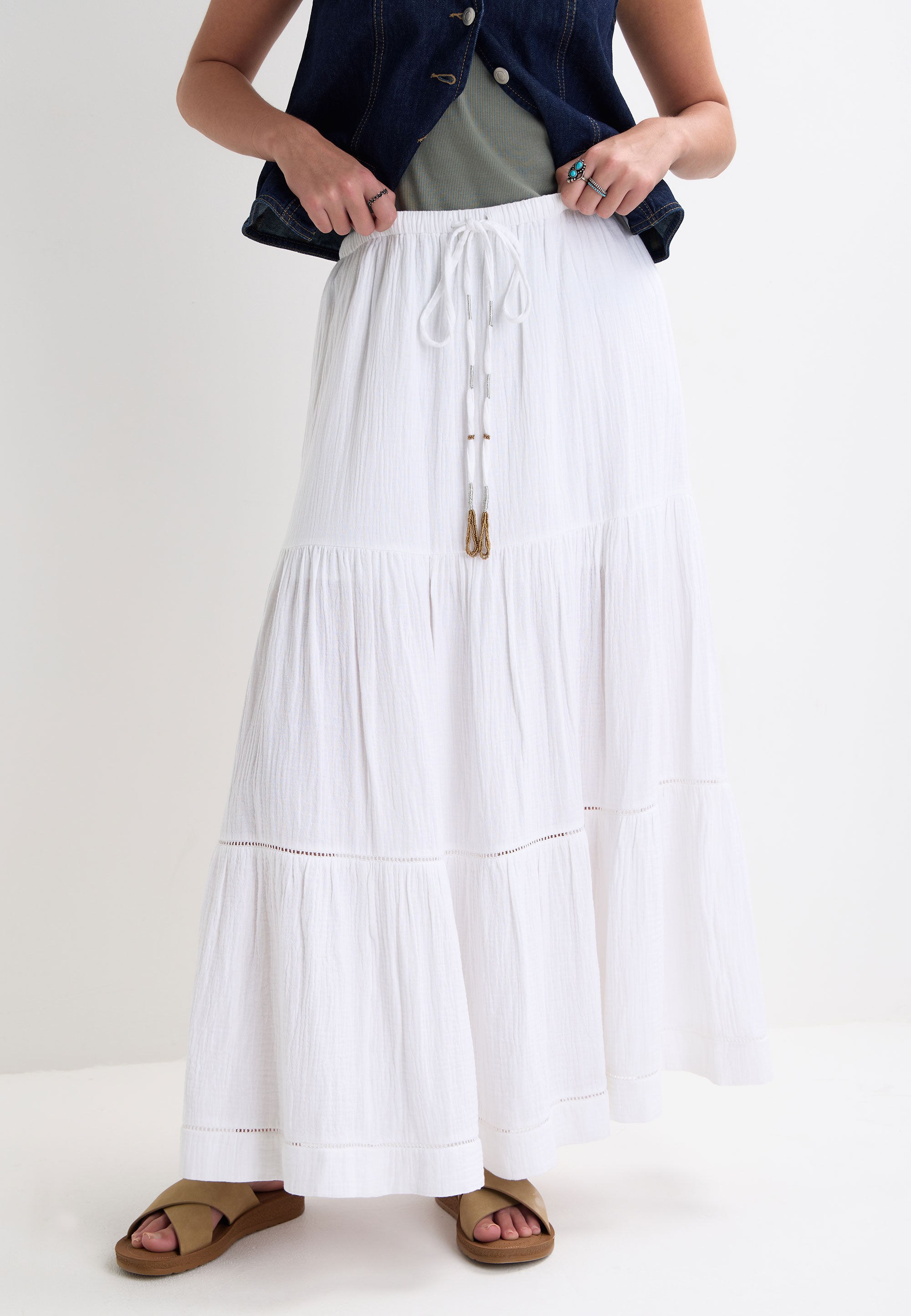 Womens White Plain Double Cotton Tiered Maxi Skirt