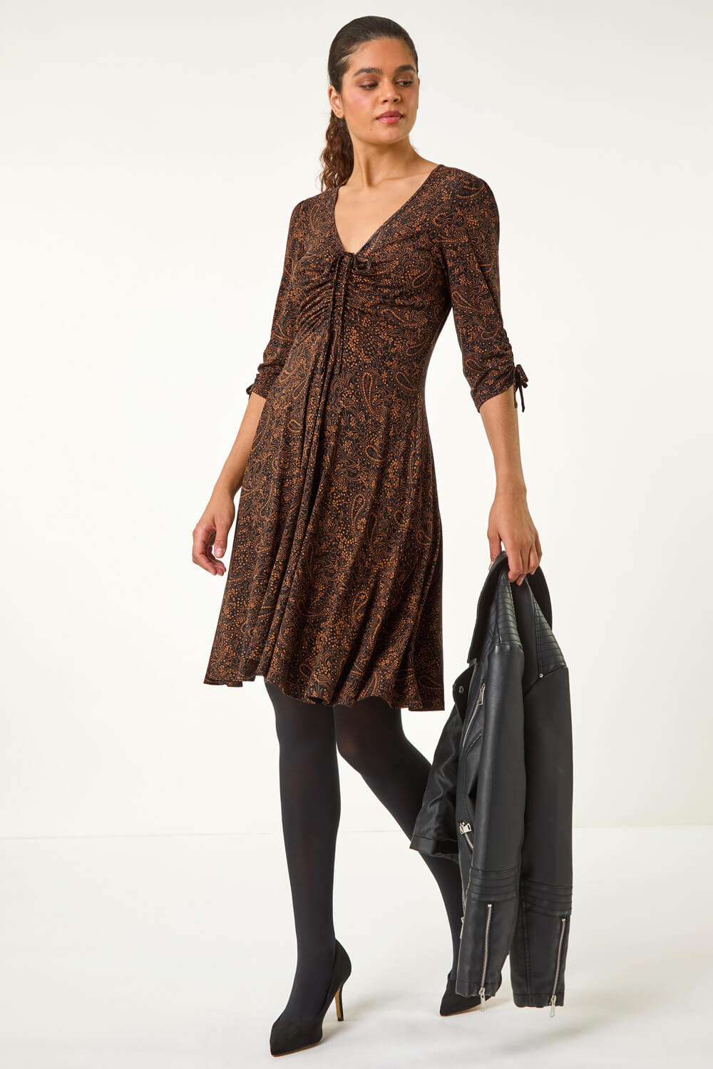 Amber Ditsy Paisley Print Stretch Gathered Dress