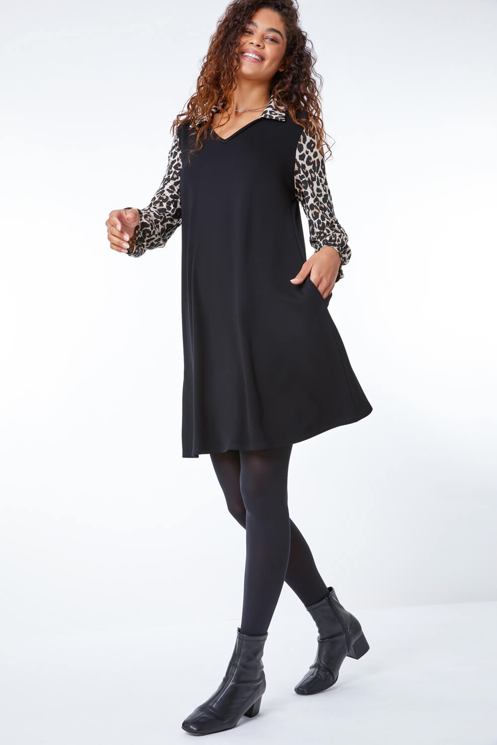 Black Contrast Leopard Print Swing Dress