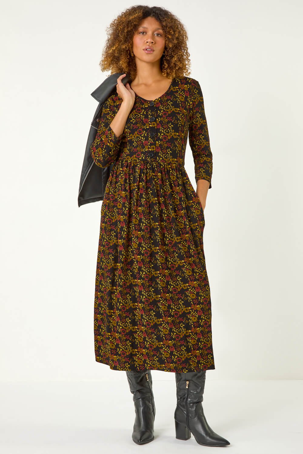 Amber Floral Print Button Detail Midi Dress