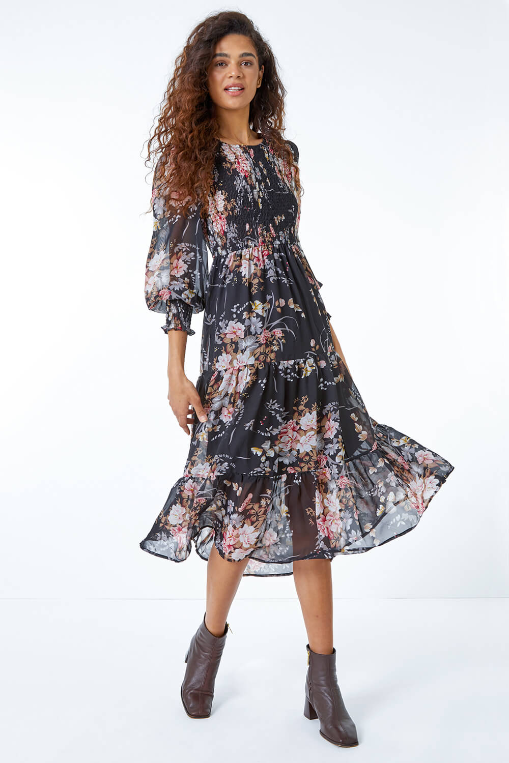 Black Floral Shirred Chiffon Midi Dress