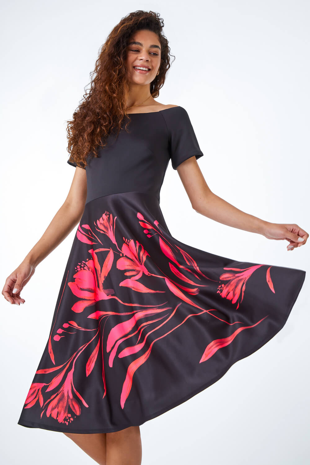 Black Floral Fit & Flare Bardot Dress