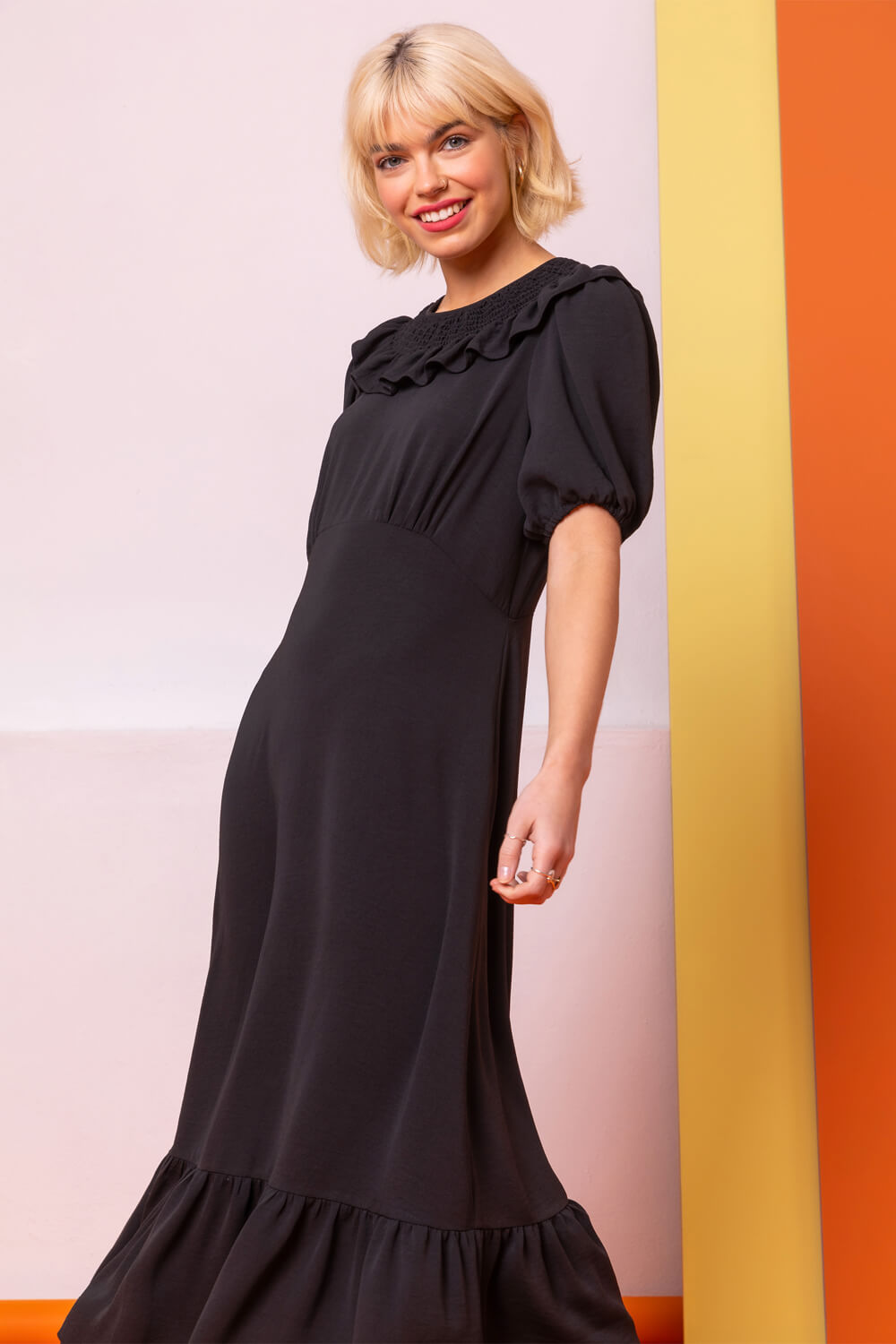 Black Frill Collar Detail Midi Dress
