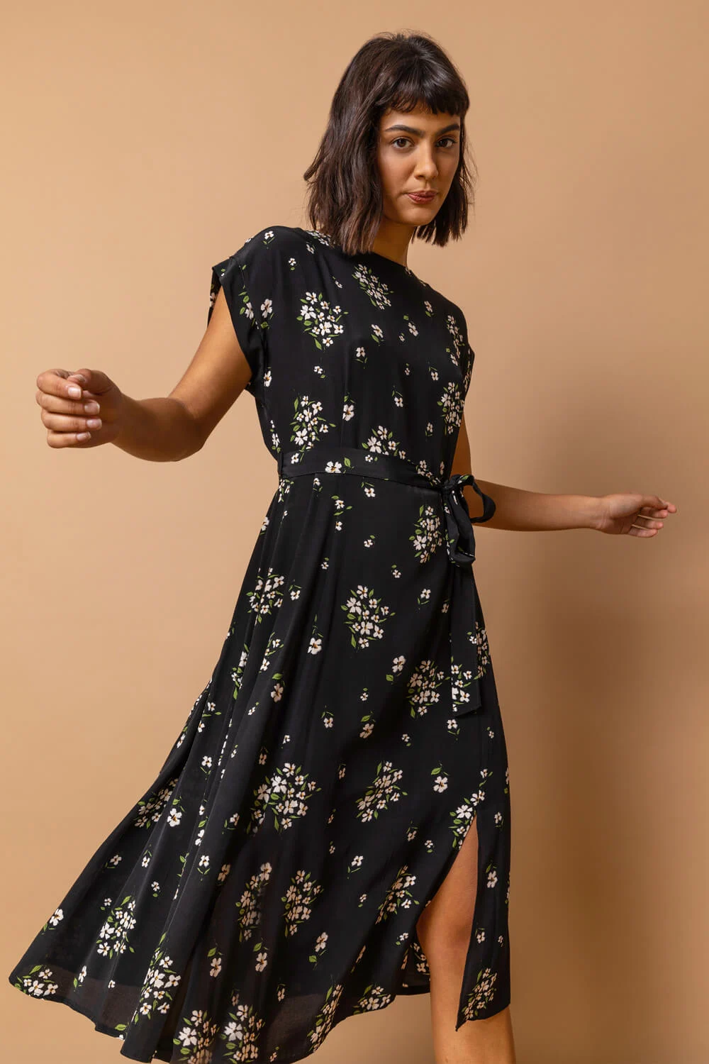 Black Floral Print Belted A-Line Shift Dress
