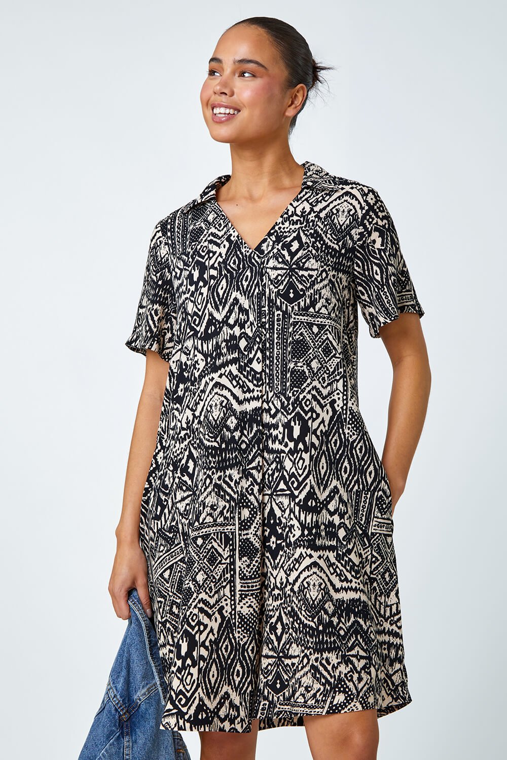 Black Petite Aztec Pocket Tunic Dress