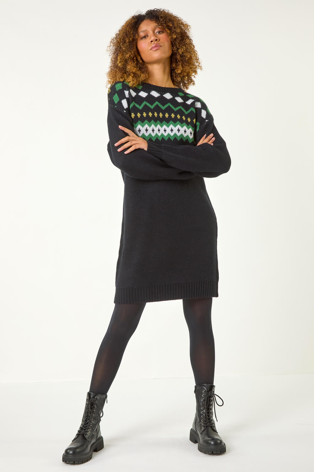 Black Nordic Print Knitted Jumper Dress