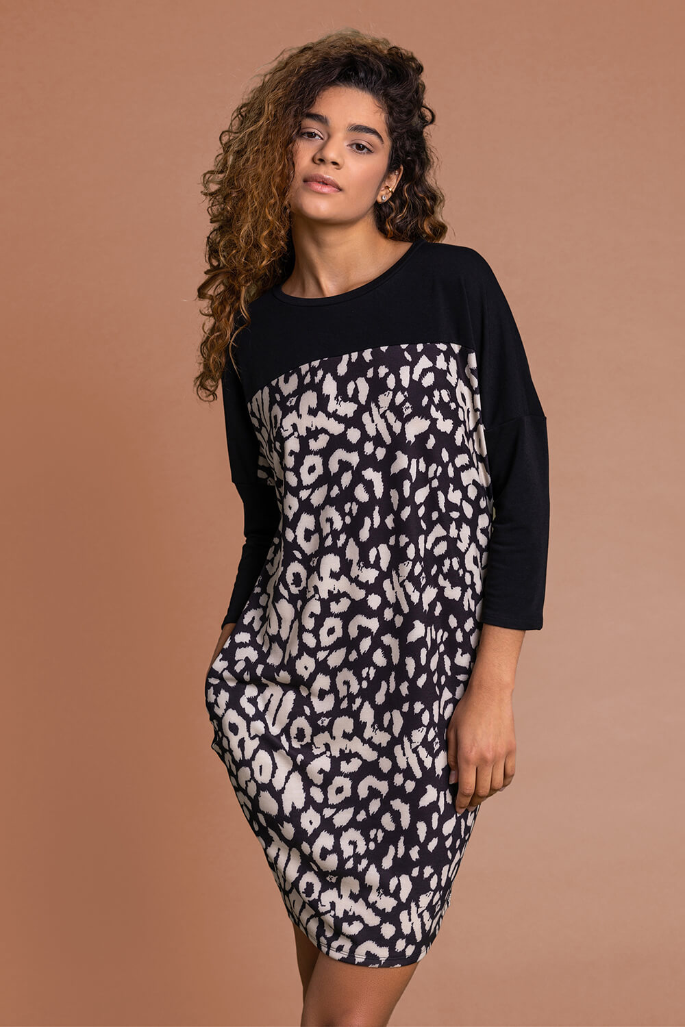 Beige Animal Print Contrast Yoke Dress