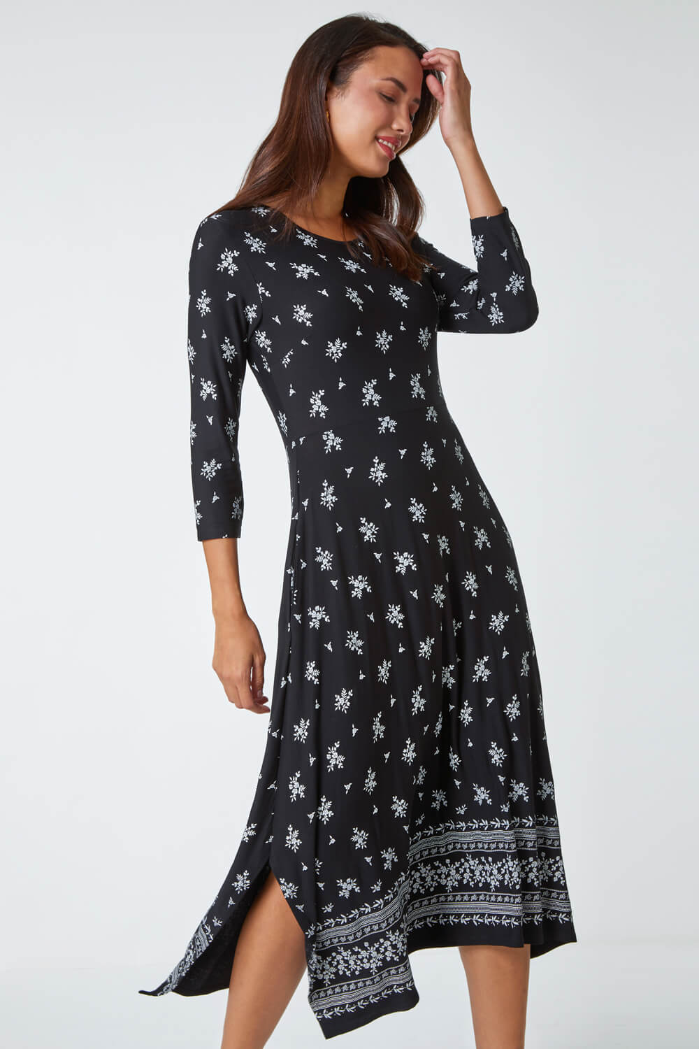 Black Ditsy Border Print Midi Stretch Dress