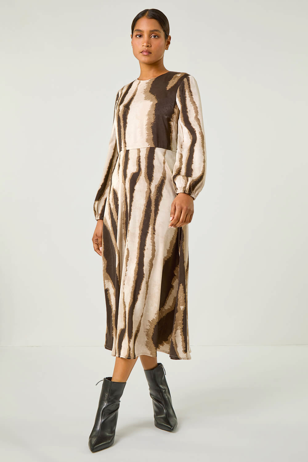 Beige Shadow Stripe Print Midi Dress