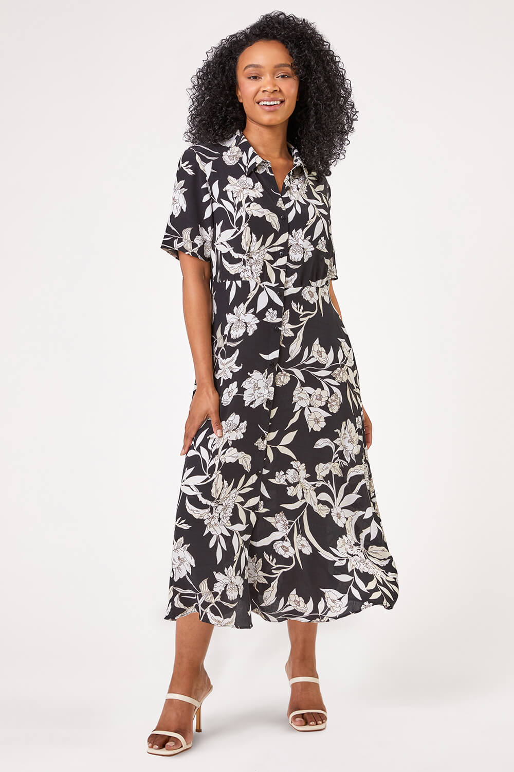 Black Petite Floral Print Relaxed Shirt Dress