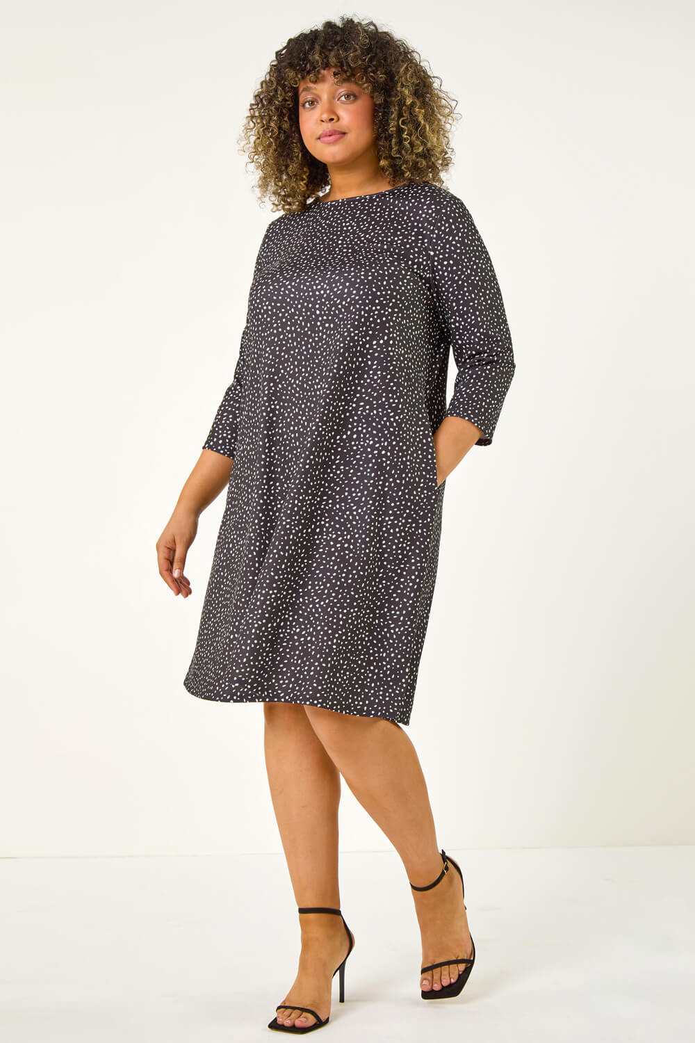 Black Curve Spot Print Stretch Swing Dress