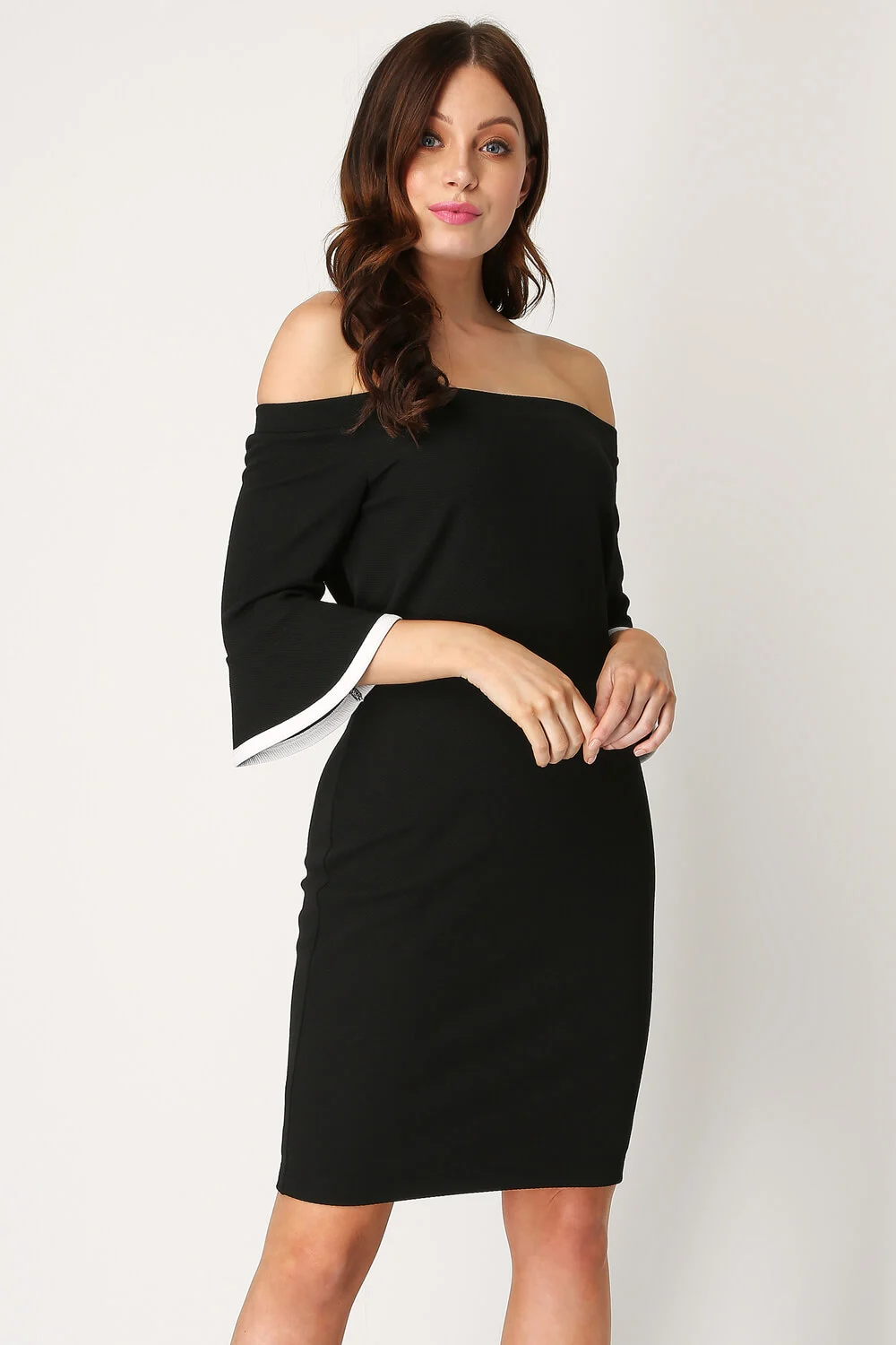 Black Bardot Contrast Trim Flute Sleeve Dress