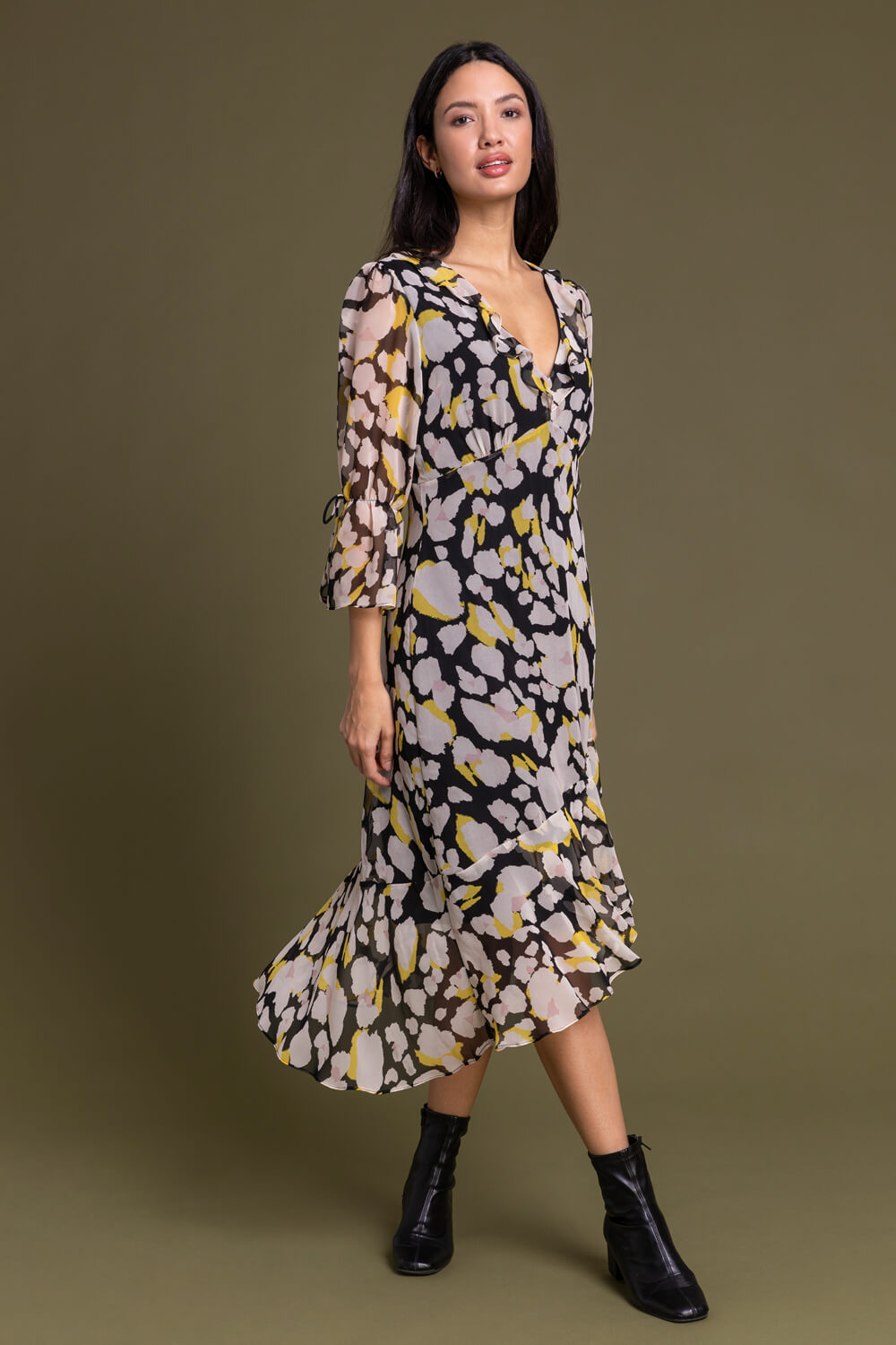 Yellow Floral Frill Detail Midi Dress