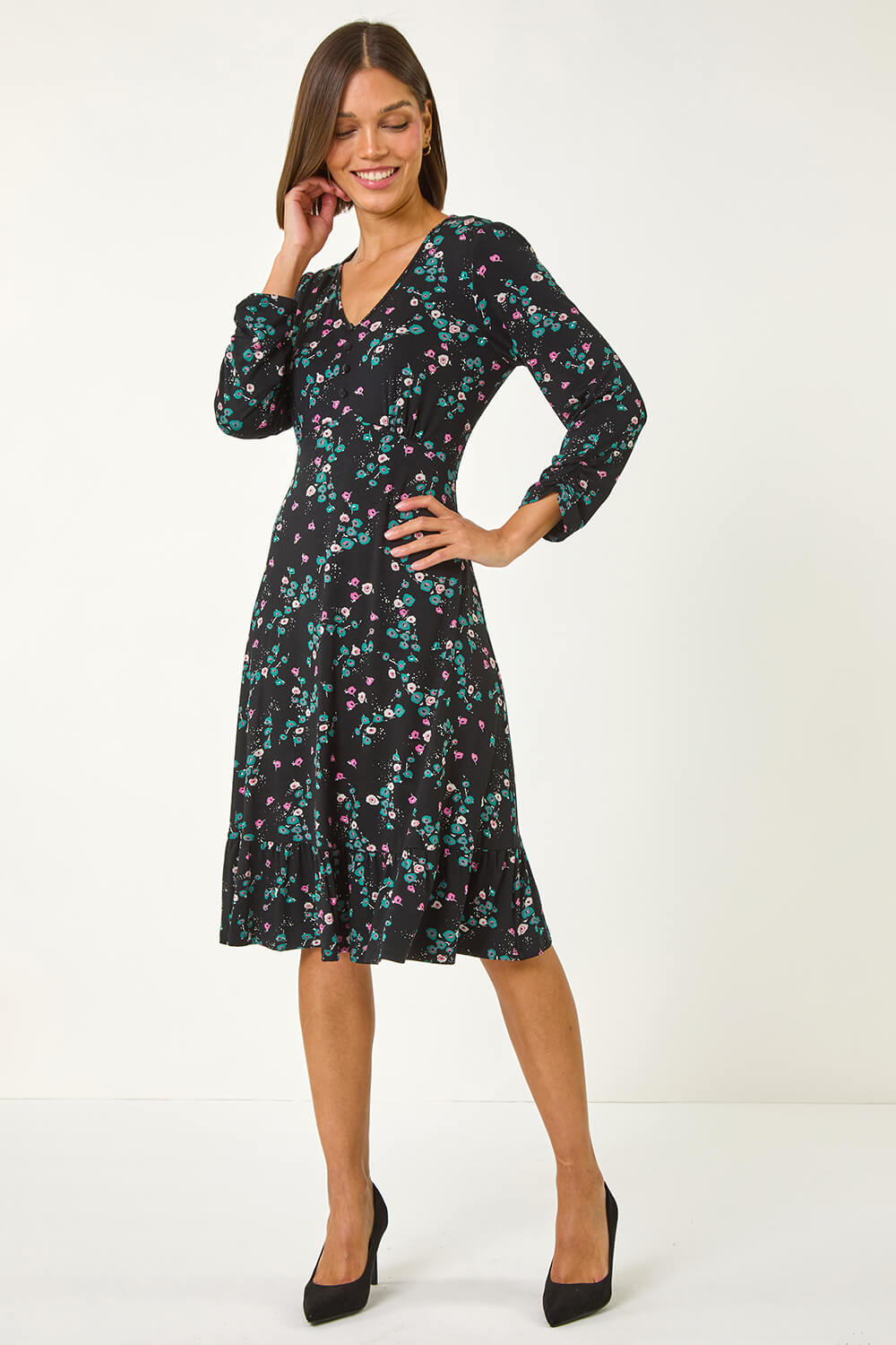 Black Floral Print Button Tea Stretch Dress
