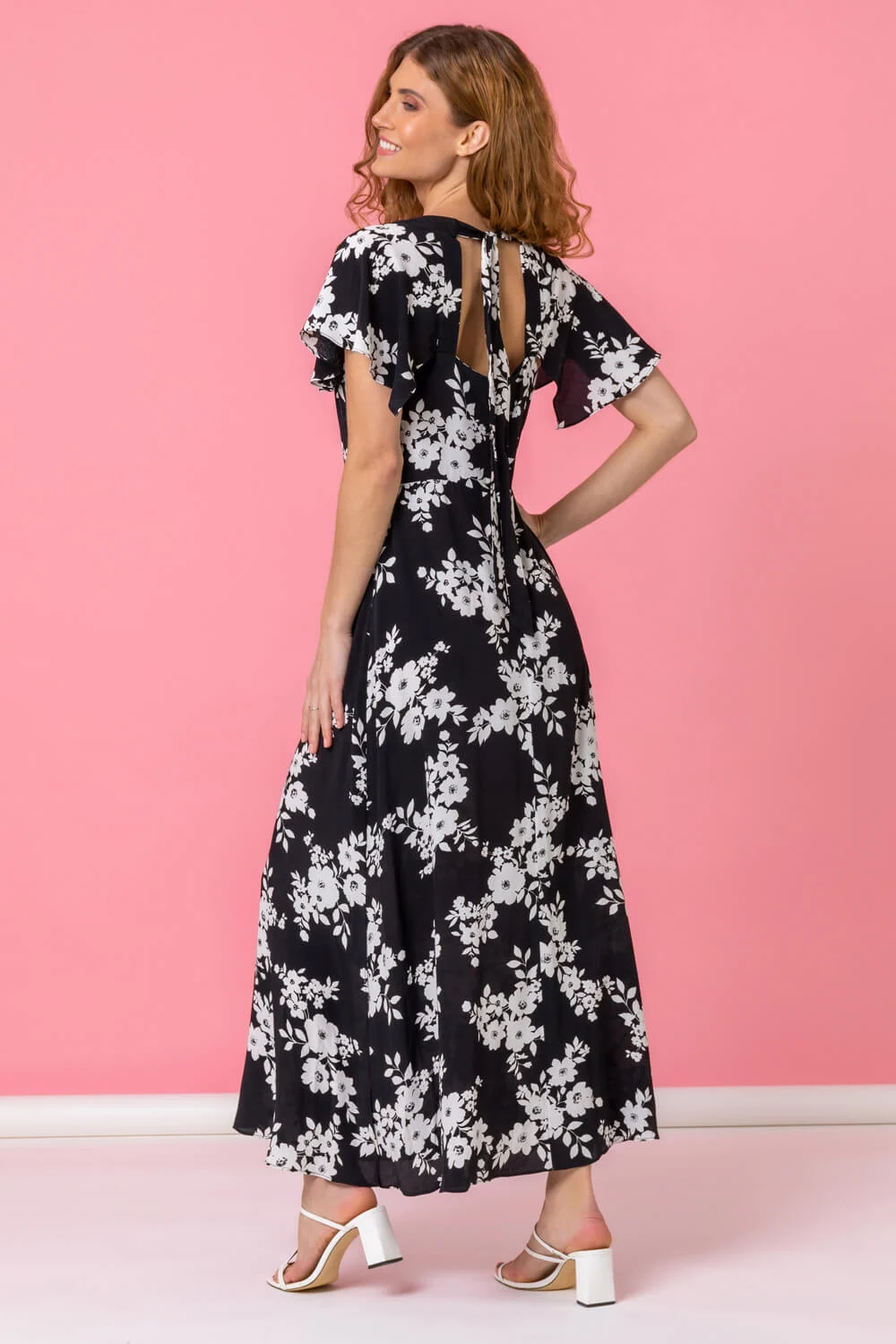 Black Floral Print Back Detail Maxi Dress