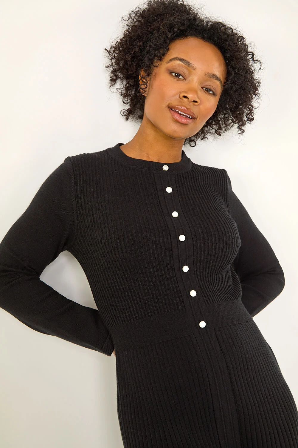 Black Petite Pearl Button Knitted Dress