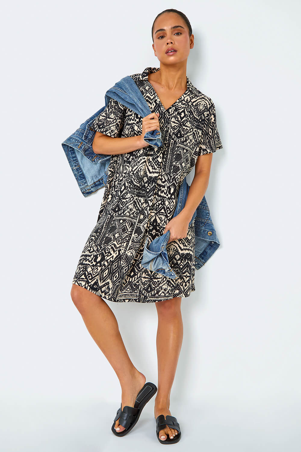 Black Petite Aztec Pocket Tunic Dress