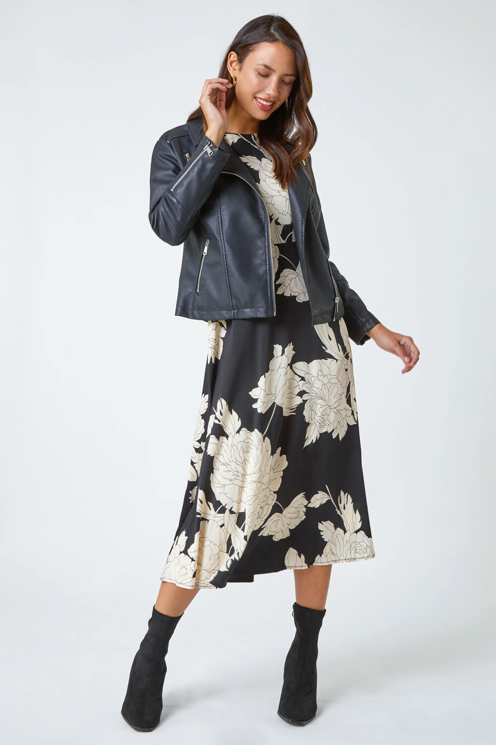 Black Floral Contrast Print Midi Dress